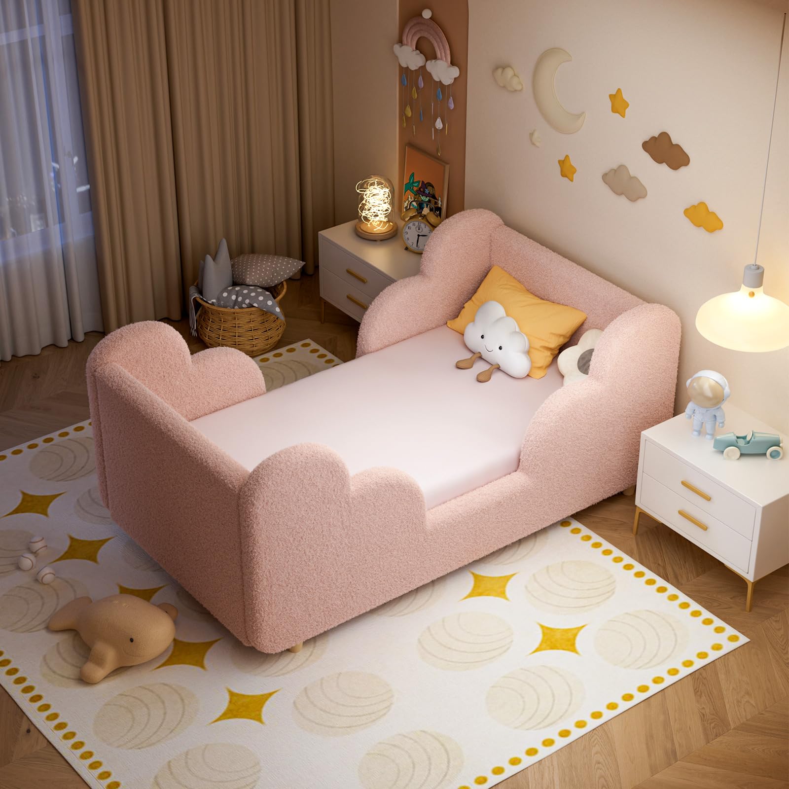 Toddler Bed, 140x70cm Soft Padded Kids Bed with Cloud-Shaped Safety Guardrails, Low Bed Frame for Girls Boys Children, Cot to Bed Transition (Mattress NOT Included) — view 7