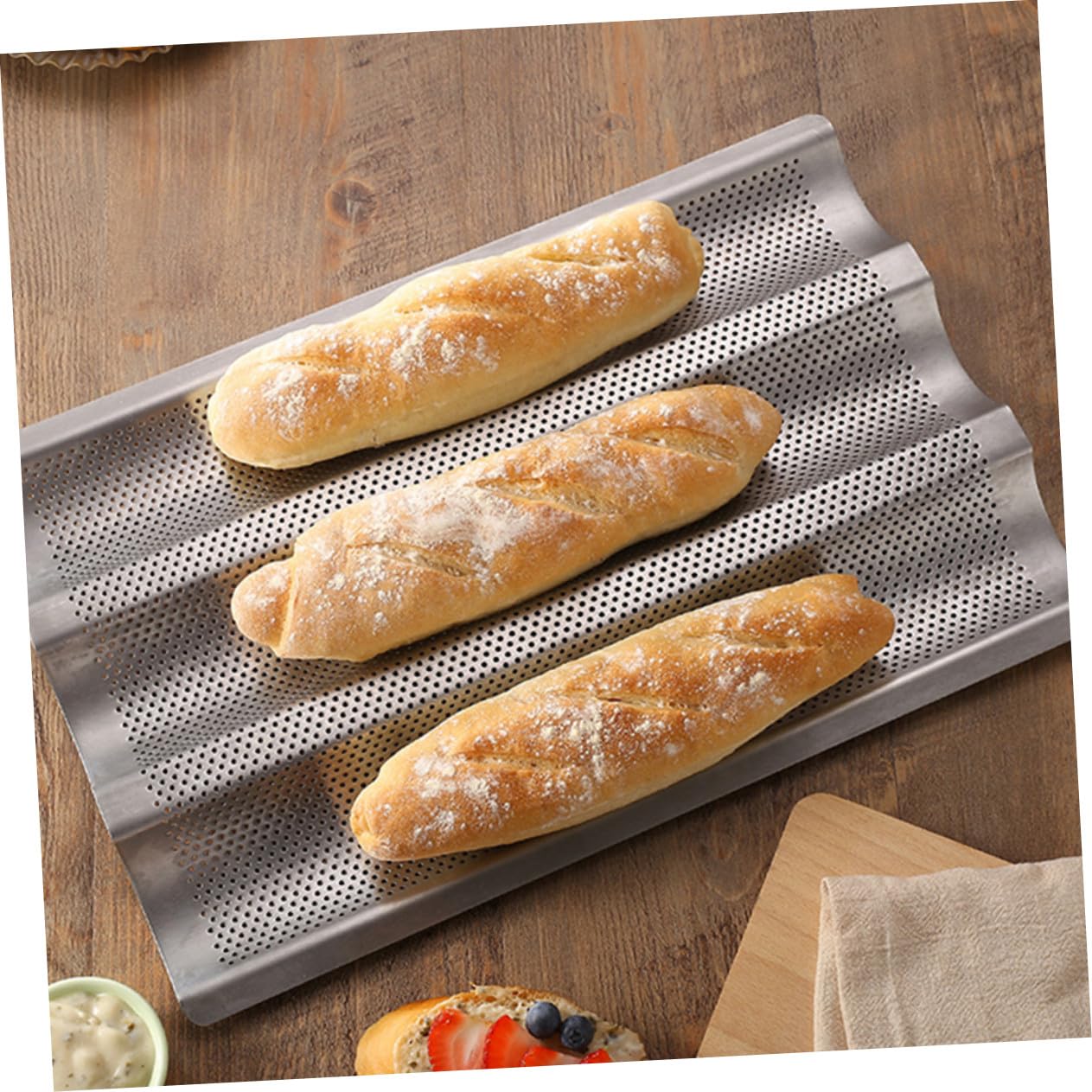 Molde para Pan Francés Ondulado Antiadherente Plateado Mediano y Pequeño, Bandeja para Hornear 3 y 2 Ranuras, Acero Duradero, para Cocina y Repostería, Set de 2 Piezas