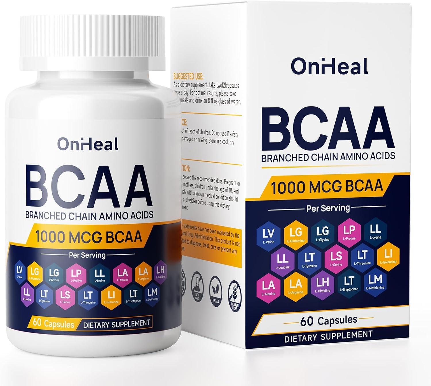 OnHeal Essential Amino Acids Capsules, 15 Complex L-Amino Acids with BCAA, Lysine, Threonine, Leucine, Isoleucine, Valine, Glutamine, Muscle Recovery, 60 Count