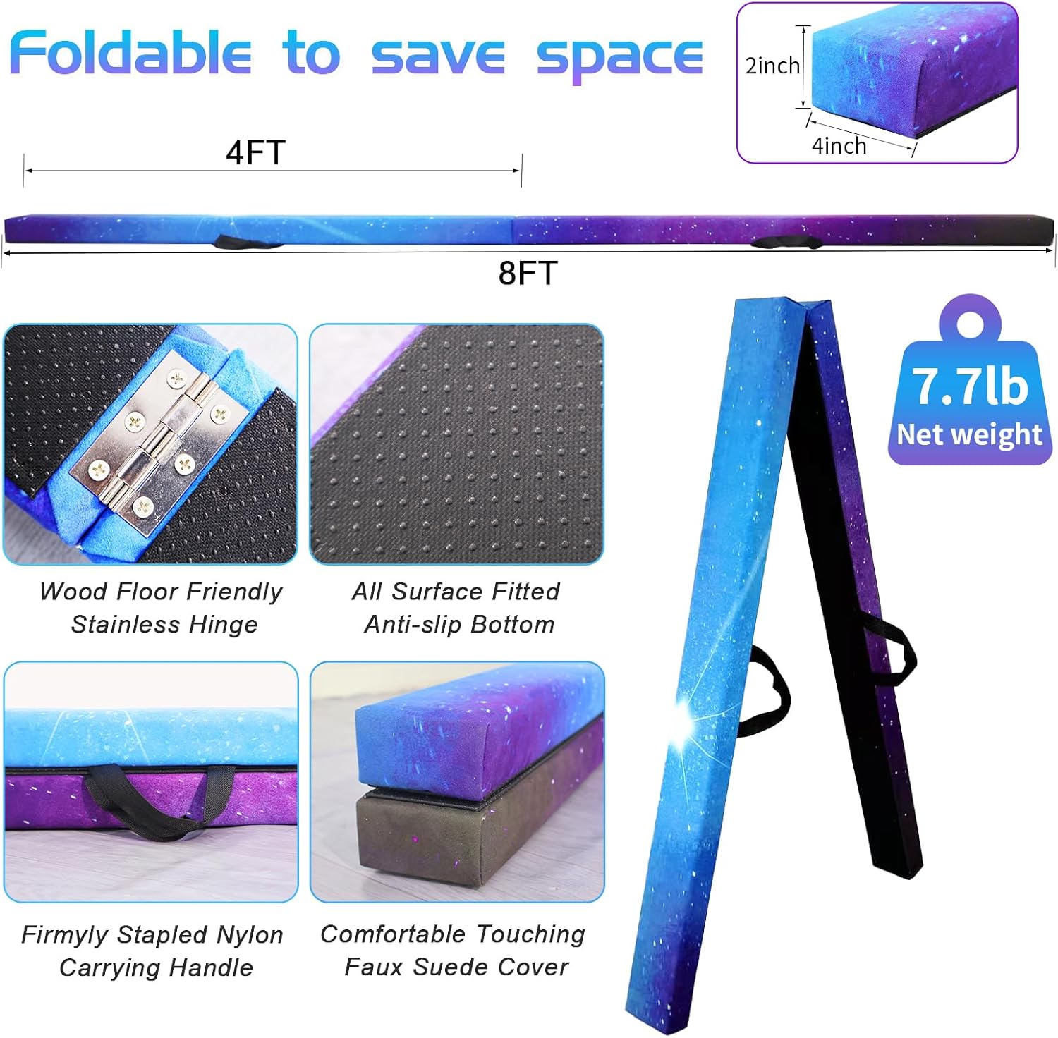 8FT Folding Balance Beam -Gymnastics Floor Beam -Gymnastics Equipment for Kids,Wood core- Anti-Slip Bottom and Carrying Bag for Home Aurora