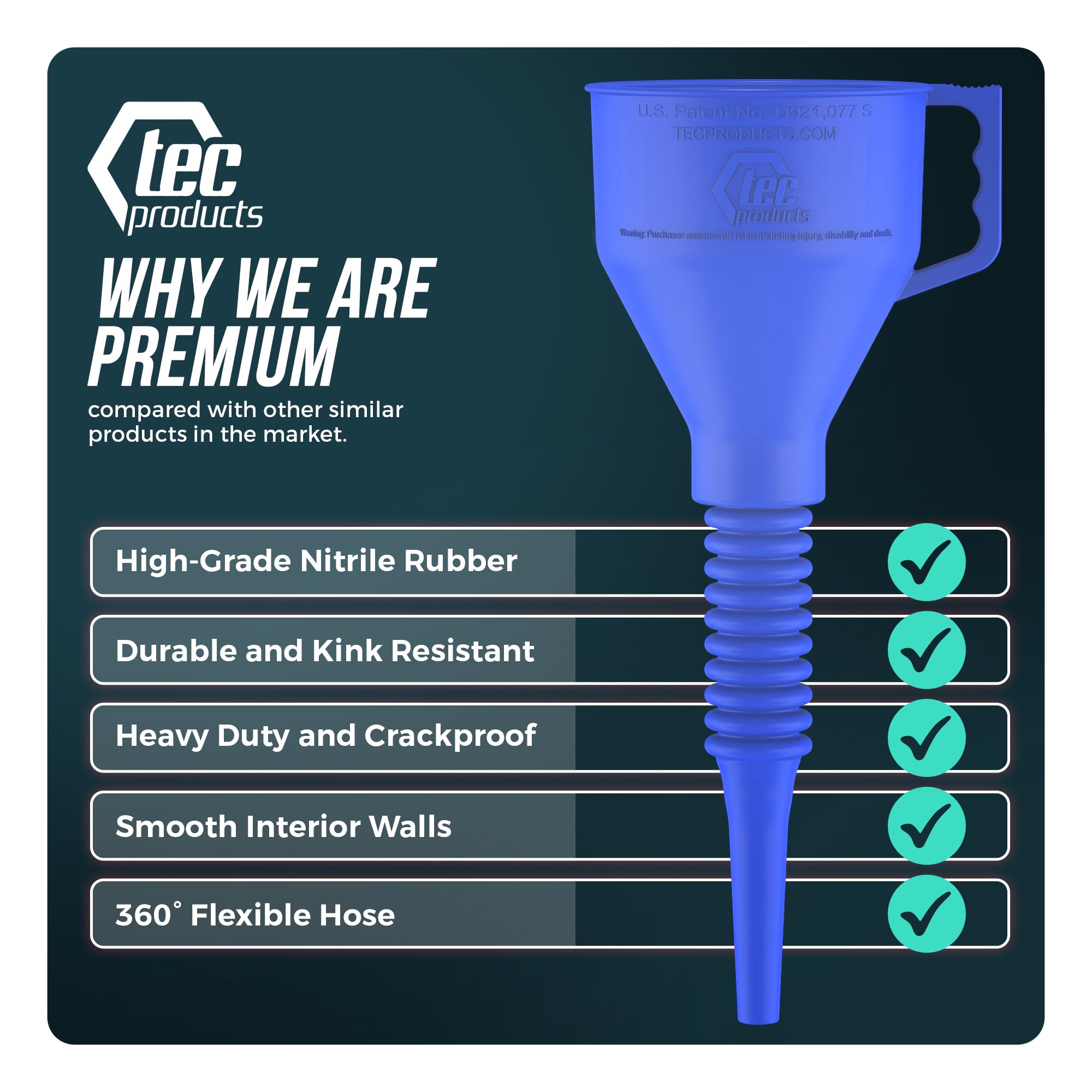 TEC Products FlexAll Entonnoir en caoutchouc flexible avec poignée, plusieurs tailles et couleurs, fabriqué aux États-Unis (grand, bleu)