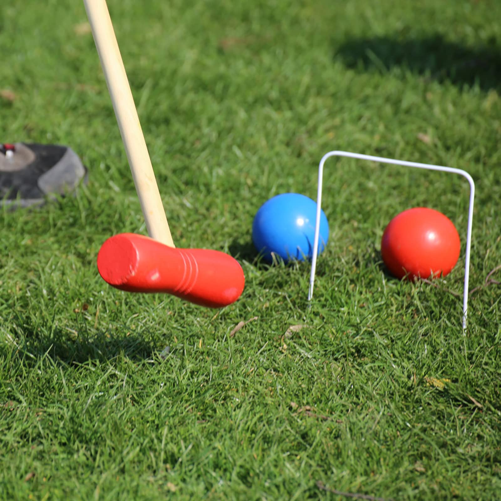 XMTECH Jeu de croquet en bois pour 4 joueurs - Kit complet avec piquets, enrouleurs et balles