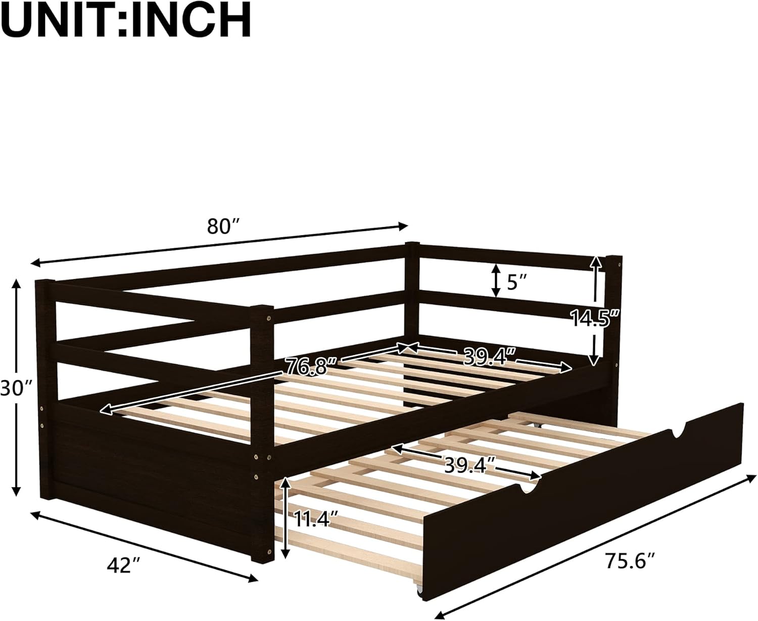Daybed with Trundle, Premium Twin Sofa Bed Frame with Strong Wood Slat Support, Easy Assembly, No Box Spring Needed (Espresso)