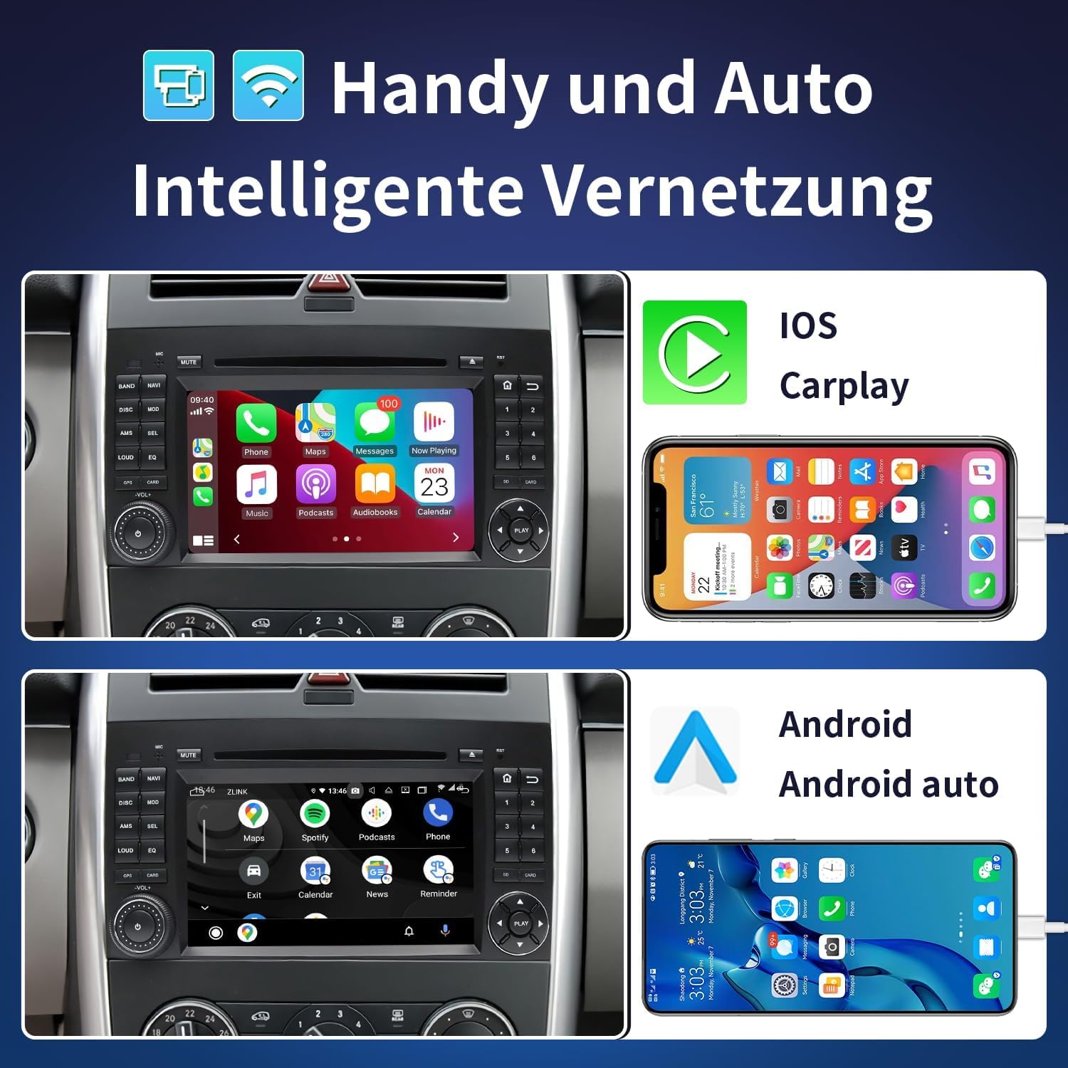 Autoradio für Mercedes Vito W639, Sprinter W906, A-Klasse W169, B-Klasse W245 – 2 DIN Radio mit CarPlay, DAB+, Navi, Bluetooth