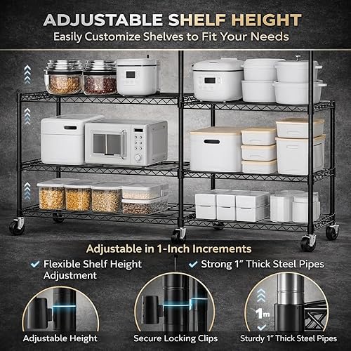 Miniatura 5 de Estantería de alambre rodante de 3 niveles con ruedas, estante de almacenamiento de metal resistente de 36.9 x 18.6 pulgadas, estantes ajustables,