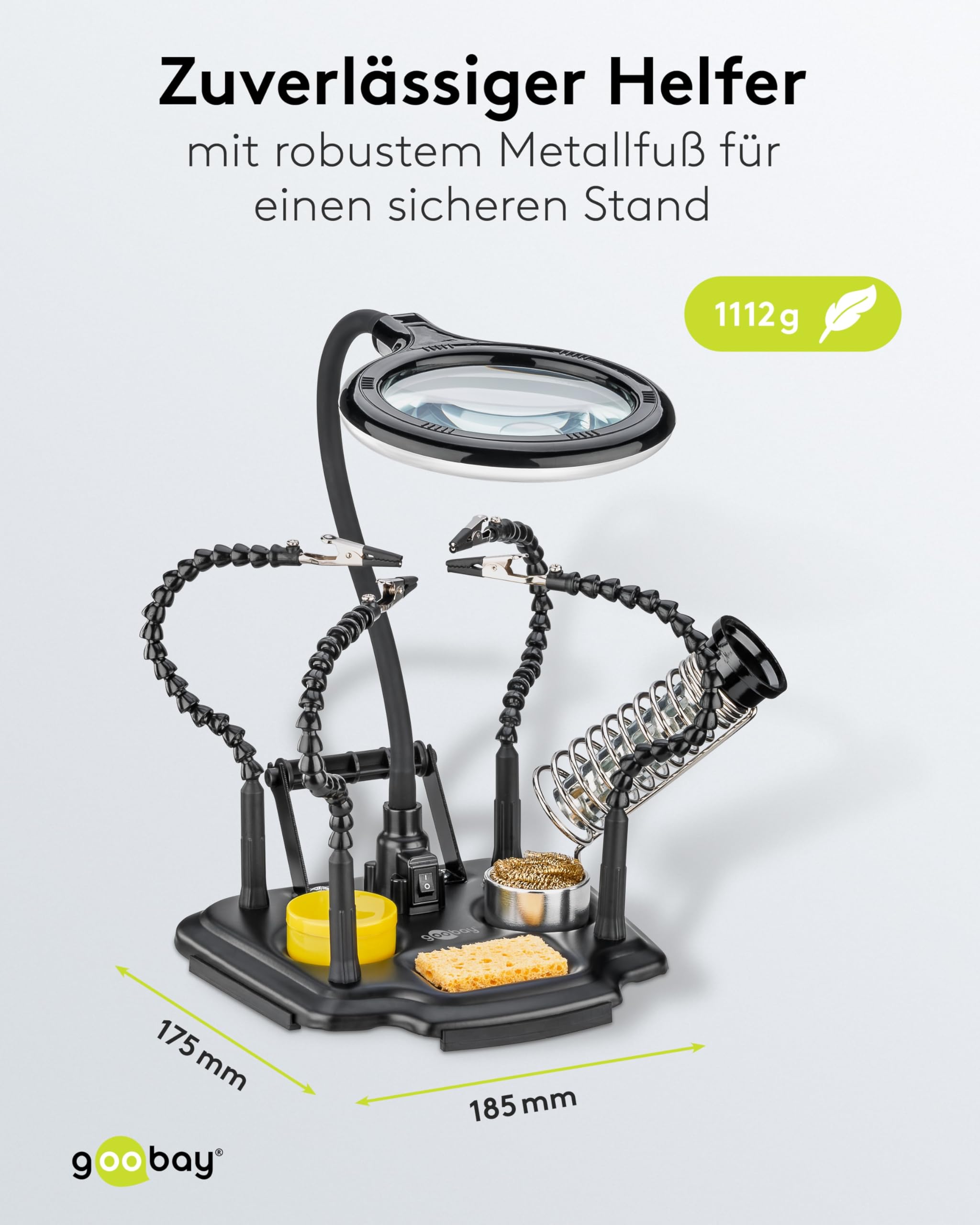 goobay 76558 pomoc do lutowania z 4 elastycznymi ramionami typu łabędzia szyja i zaciskami krokodylkowymi, lupa LED z USB-C, trzecia ręka, do lutowania i majsterkowania, uchwyt do lutownicy - z