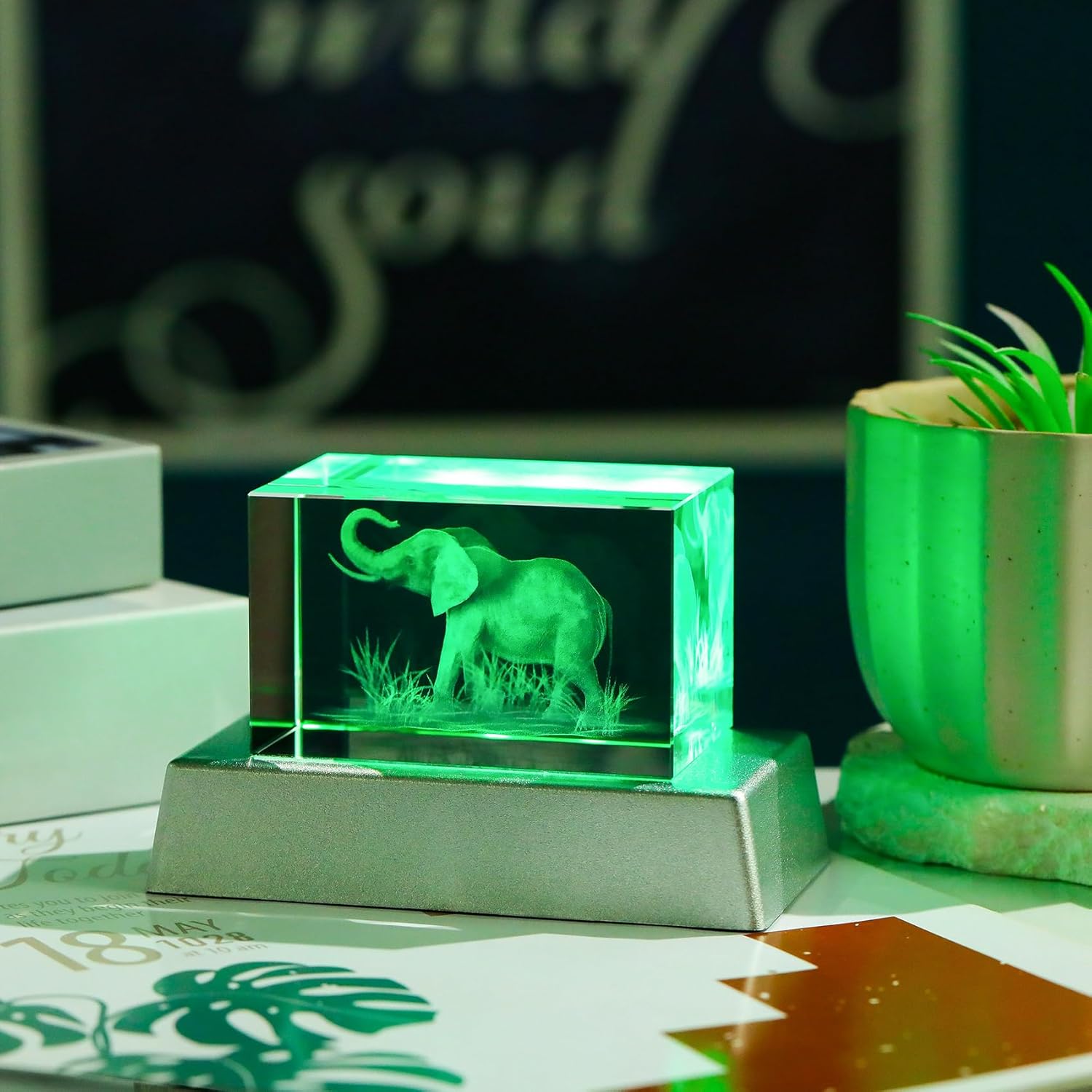 Movdyka Elephant Gifts for Women & Men - 3D Laser Etched Crystal Elephant Night Light with Color-Changing LED Base, Unique Home Decor Gift