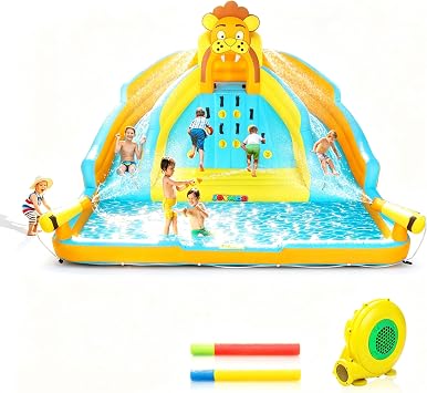 JOYMOR 7-in-1 Inflatable Water Slides for Kids Backyard w/2 Slides, Large Climbing Wall, Water Cannons, Sprinklers, 30s Blow Up Water Slide Bounce House with Blower, 2 Water Blasters, Carrying Bag