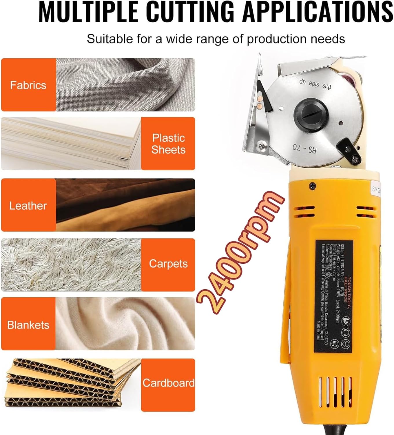Electric Rotary Fabric Carpet Cutter, Multi-Layer Fabric Scissors with Sharpening Stone & 70mm Spare Blade, 25mm Max Trimming Thickness & 2400RPM Spped, for Textiles, Leather, Blankets