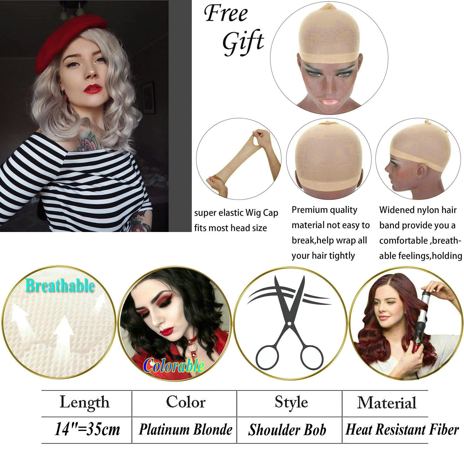 Shoulder Length Lace Front Wigs Short Bob Curly Wavy Wigs Pre Plucked Synthetic Heat Resistant Hair Natural Waves Daily Wigs for Women Cosplay (Silver Blonde) - Image 3