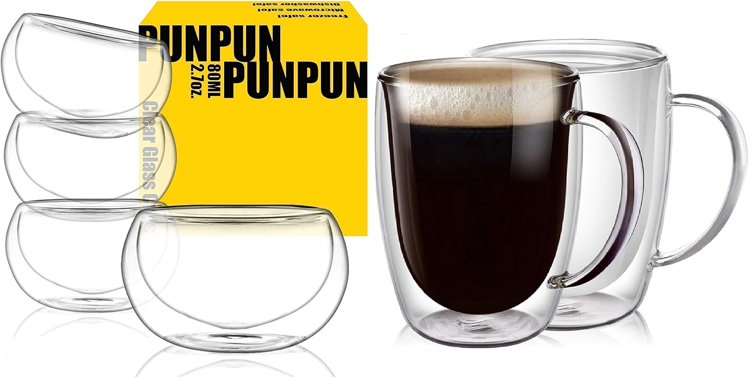 PunPun Bundle: 12.9oz Coffee Mugs (Set of 2) & 2.7oz Tea Cups (Set of 4) Clear Coffee Mugs and Tea Cups, Glass for Coffee and Tea, Double Wall Glass