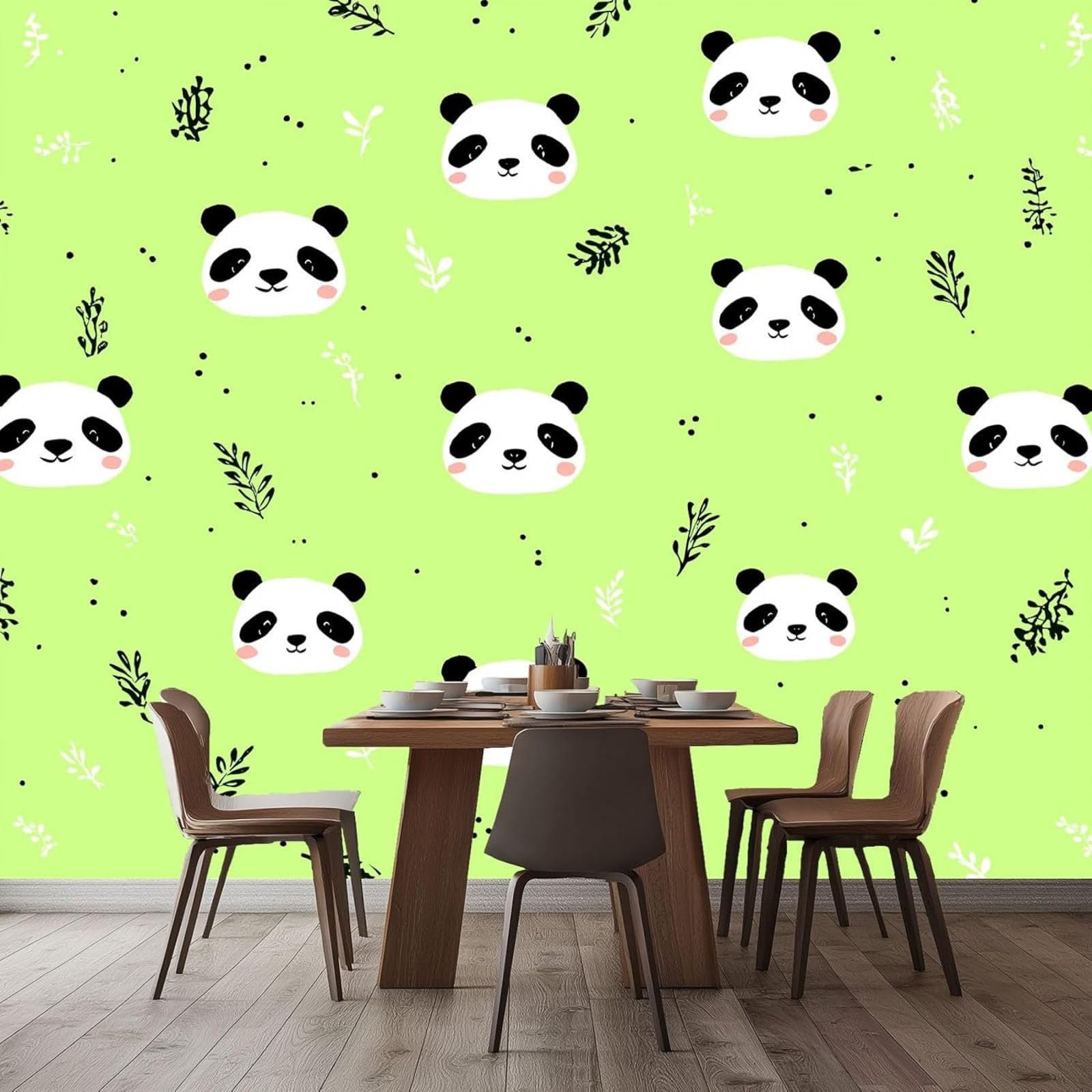 3D Effect Photo Wallpaper Cartoon Animals Grassland Panda, Green Non-woven Wall for Living Room Bedroom Children's Room TV Background Modern Wall Decoration, 250cm x 175cm Stickers - Frameless Paintin