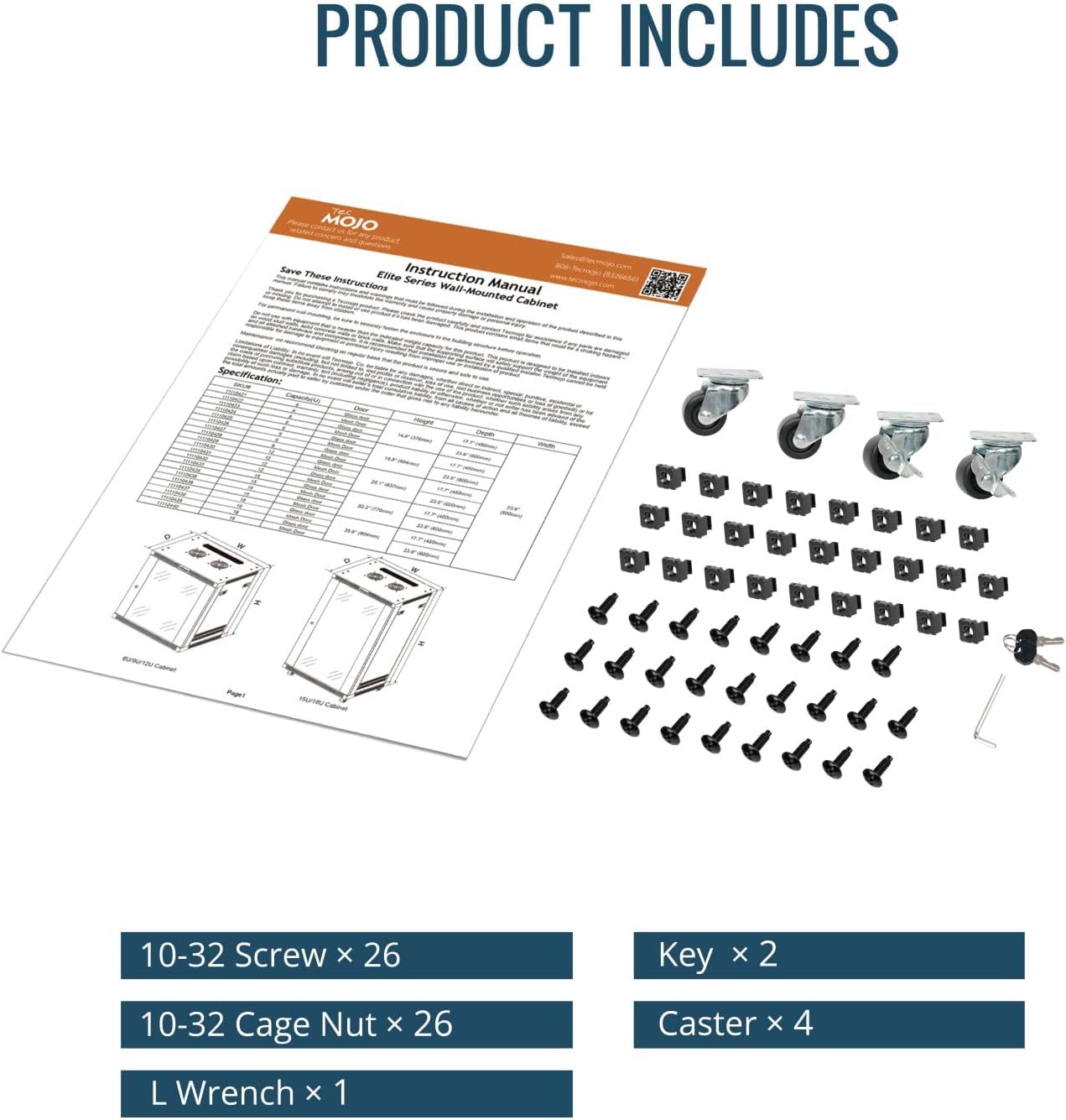 Contents included with the Tecmojo 18U rack: instruction manual, casters, 10-32 screws, 10-32 cage nuts, L wrench, and keys.