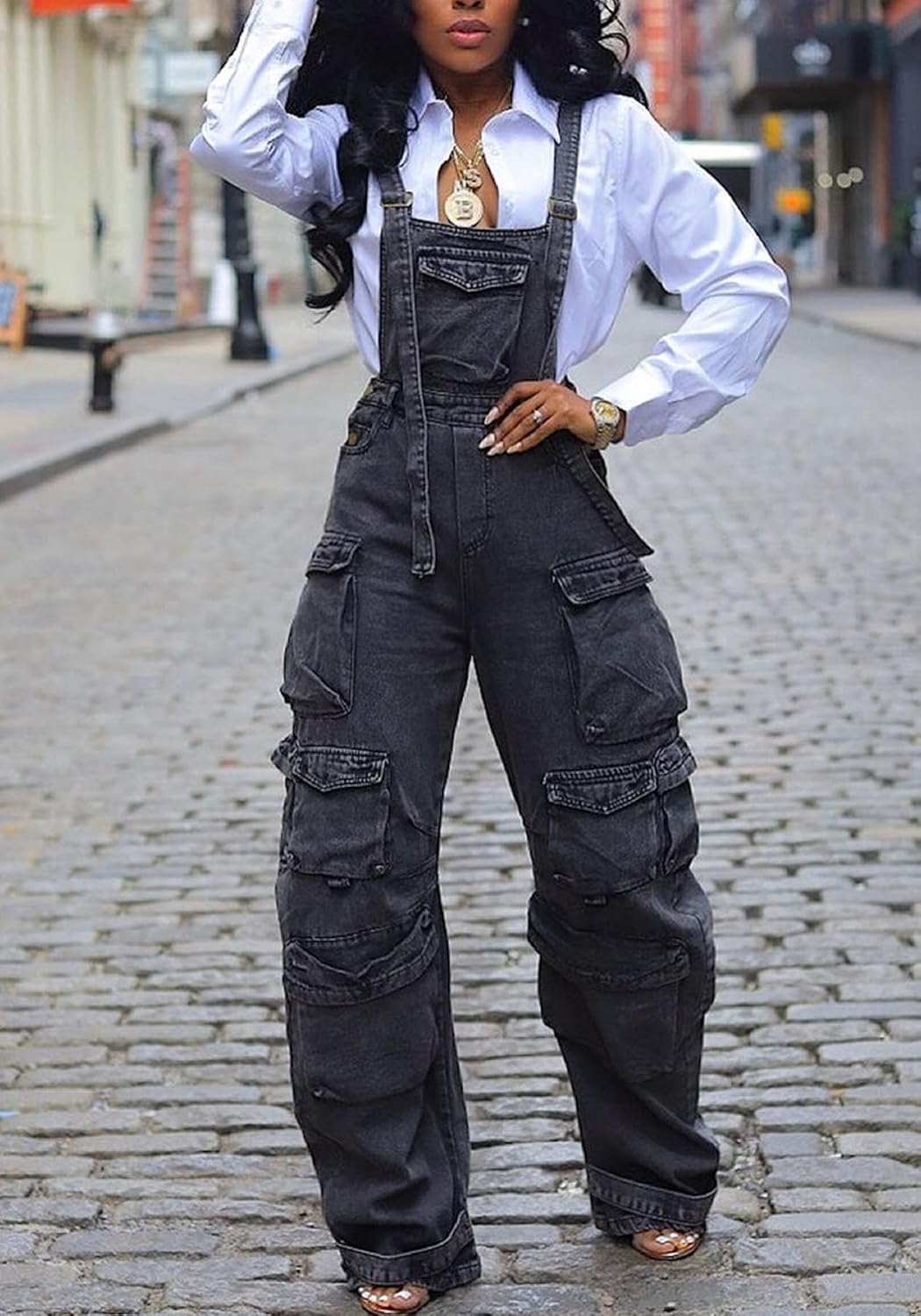 LETSVDO Women's Cargo Denim Overall Jumpsuit Wide Leg Bib Loose Baggy Stretch Casual Jean Overalls Romper Cargo Pants - Image 2