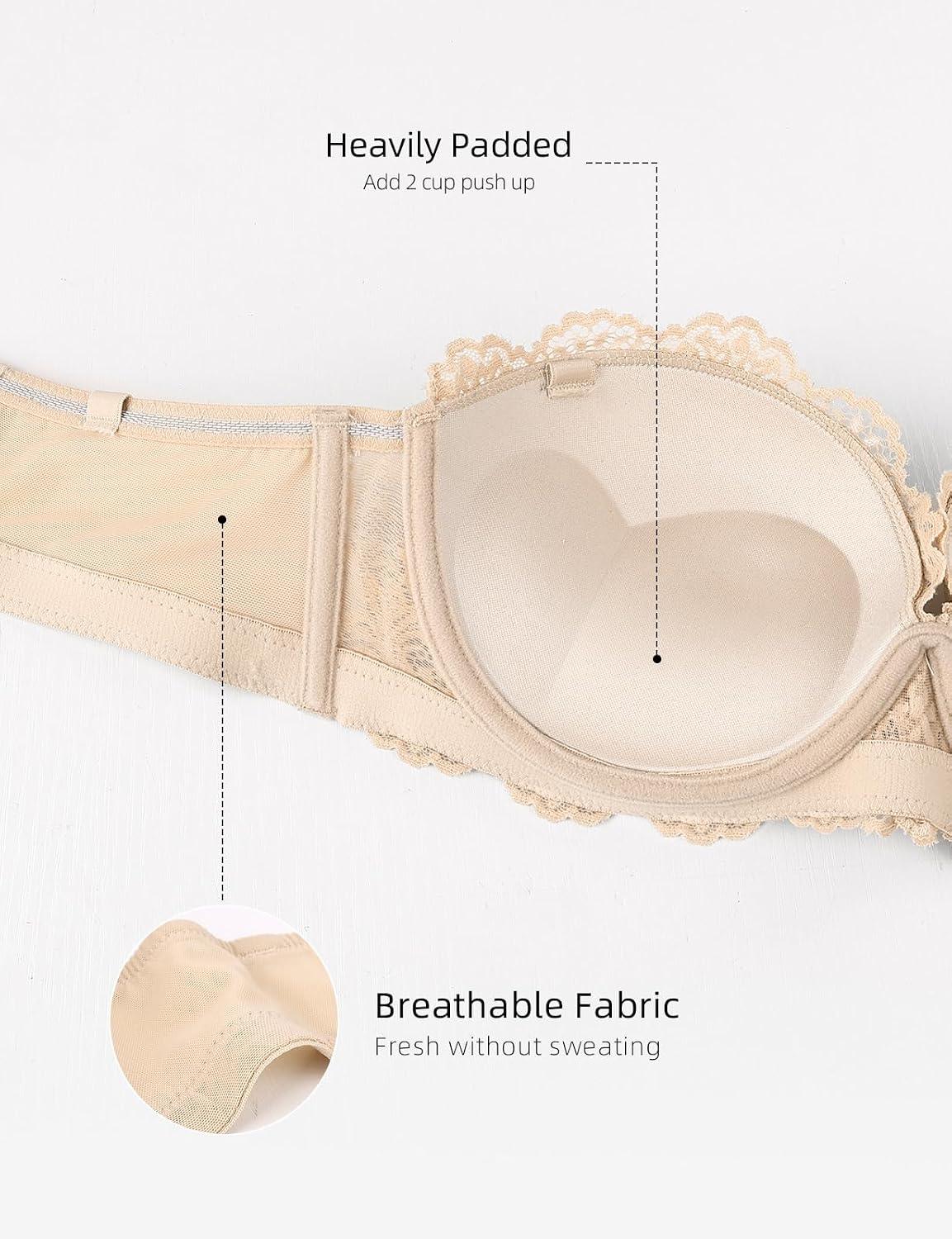 Upushall Strapless Push Up Bra Lace Heavily Padded Balconette with Clear Straps Multiway Adds 2 Cup Sizes