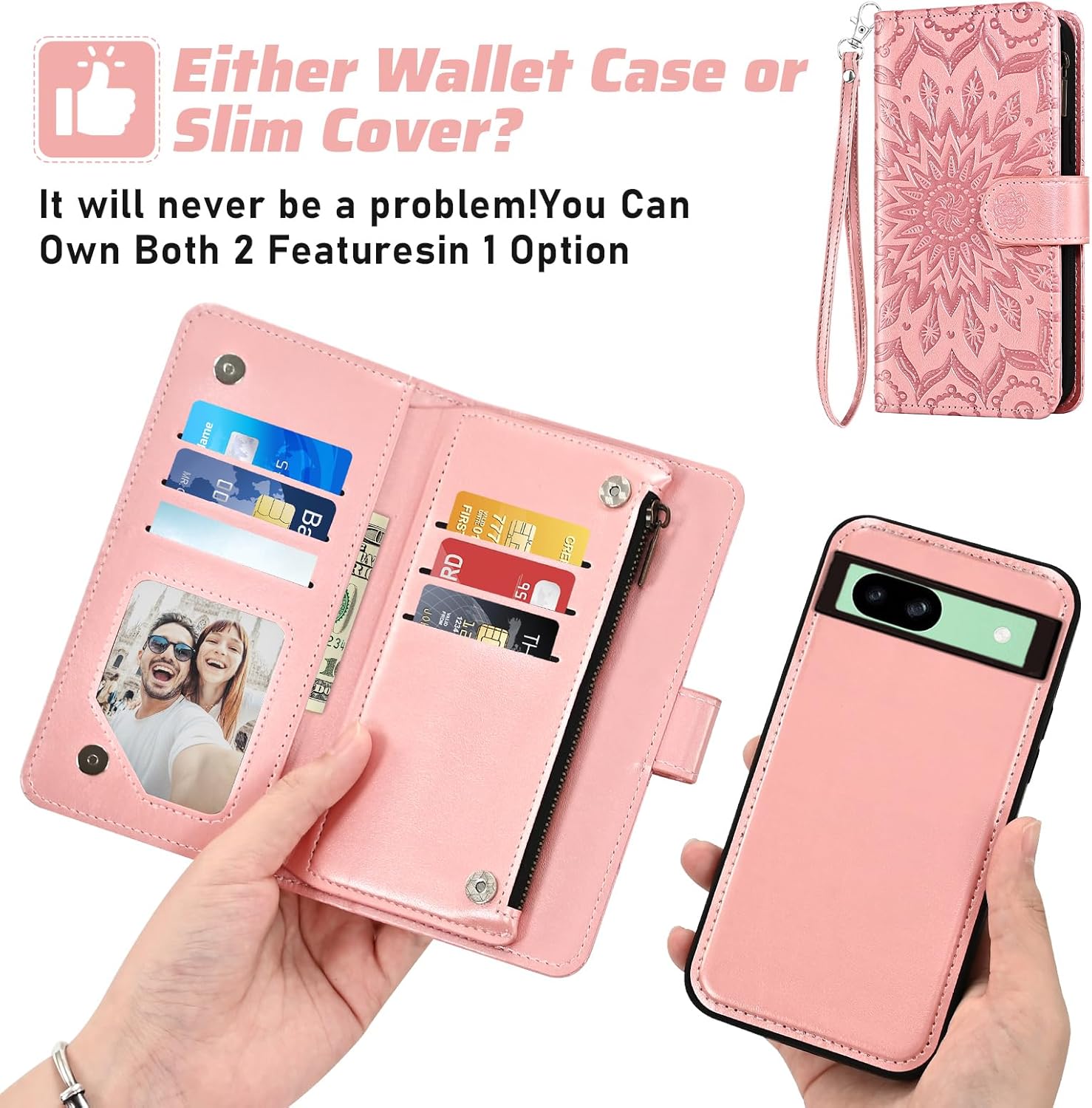 Asuwish Phone Case for Google Pixel 8A Zipper Wallet Magnetic Detachable Cell Cover with Screen Protector Crossbody Lanyard Strap Flower Flip Card Holder Slot Pixel8A A8 5G Women Men Rose Gold