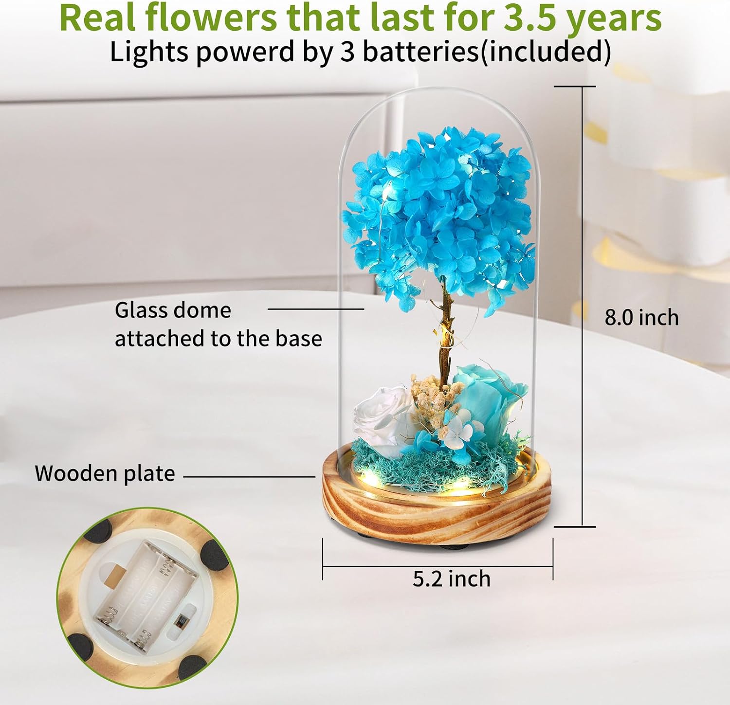 Preserved Flower Glass Dome with LED Light, 8 Inch Hydrangea Tree, Blue White Roses, Wooden Base, Anniversary Birthday Gift
