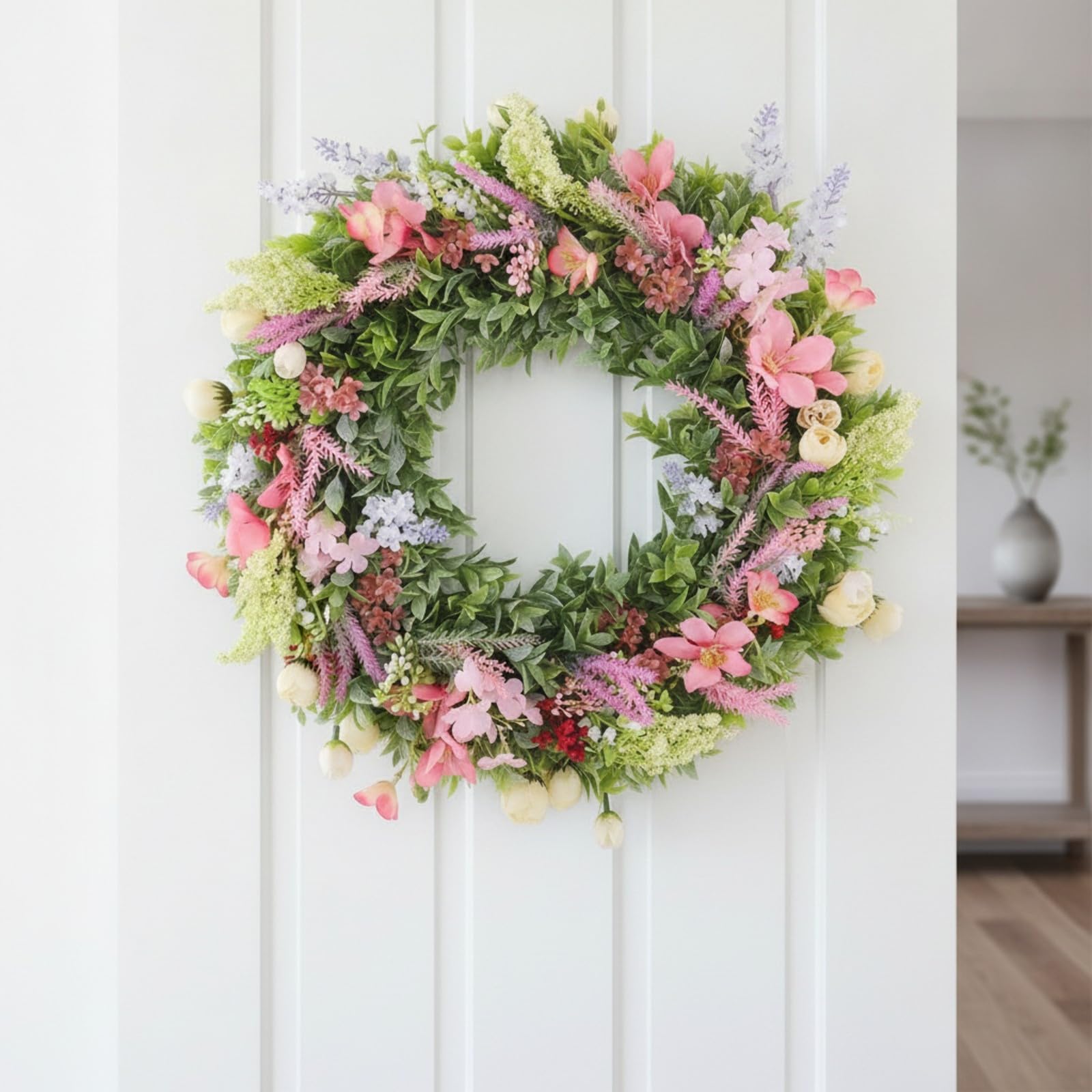Natürlich künstlicher Kranz | Künstlicher Blumenkranz, bunt, Dekokranz mit Kunstblumen, für Eingangsbereich