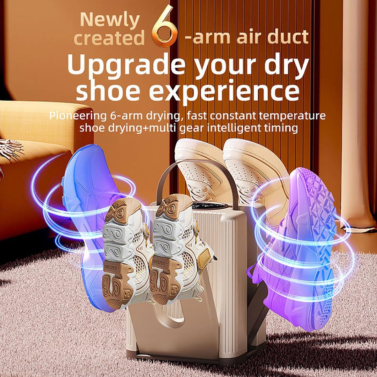 Sèche-chaussures électrique à 6 bras, chauffe-chaussures portable avec panneau LCD numérique, sèche-gants et chauffe-chaussures à température constante de 48 °C et minuterie à 4 niveaux