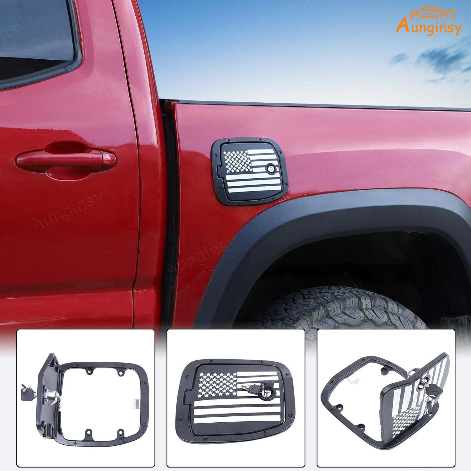 Car Fuel Tank Cap Replacement Anti-theft Lock Cap Compatible with Toyota Tacoma 2016-2023 Door Fuel Tank Cover W/Lock Gas Cap Tank Trim Cover Fuel Filler Door Protector Accessories, USA Flag Pattern