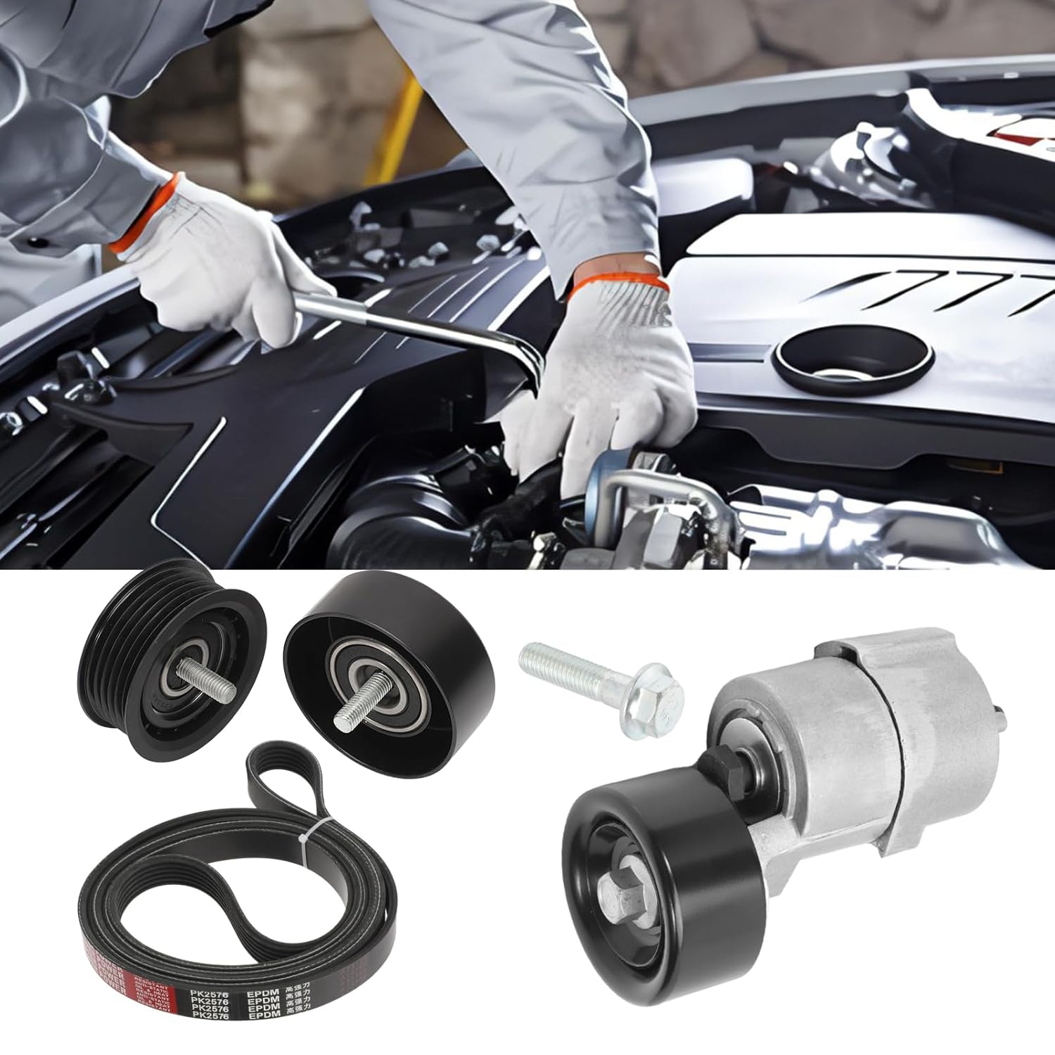 Tensioner & Serpentine V-Ribbed Belt & Idler Pulley Kit for 2.0L 2.4L Sonata Tucson Optima Hybrid Sorento for Sportage Turbo 252122G760 2528125000 2528825001