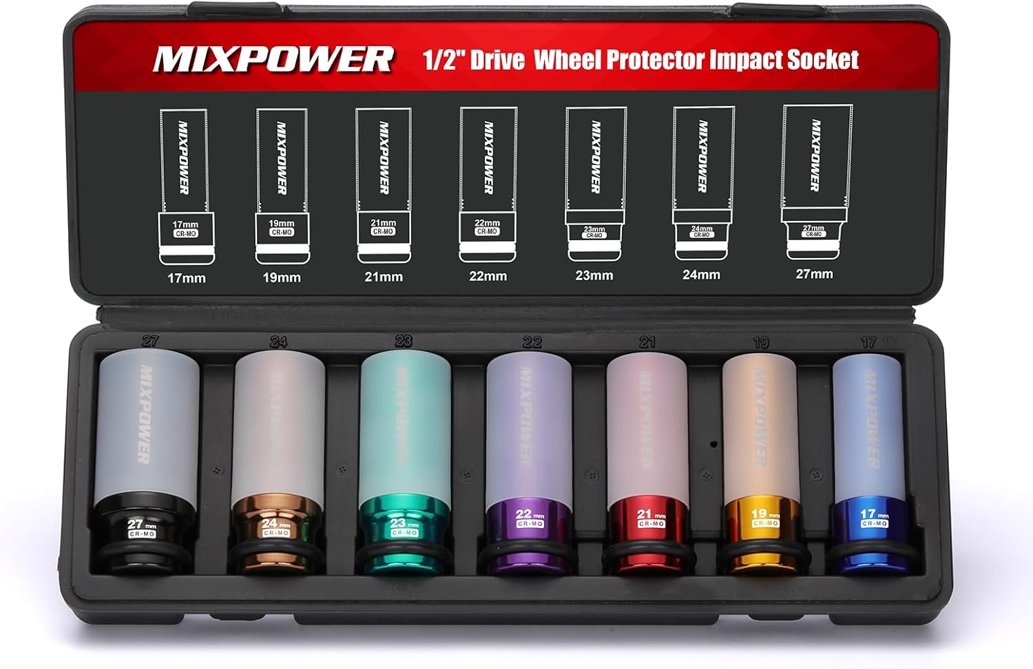 MIXPOWER 7PCS 1/2" Drive Wheel Protector Impact Socket,Thin Wall Deep Impact Socket Set, Durable Plastic Sleeve Lug Nut Socket, 6-Point, Metric, Color-Coded, 17mm, 19mm, 21mm, 22mm, 23mm, 24mm,27mm
