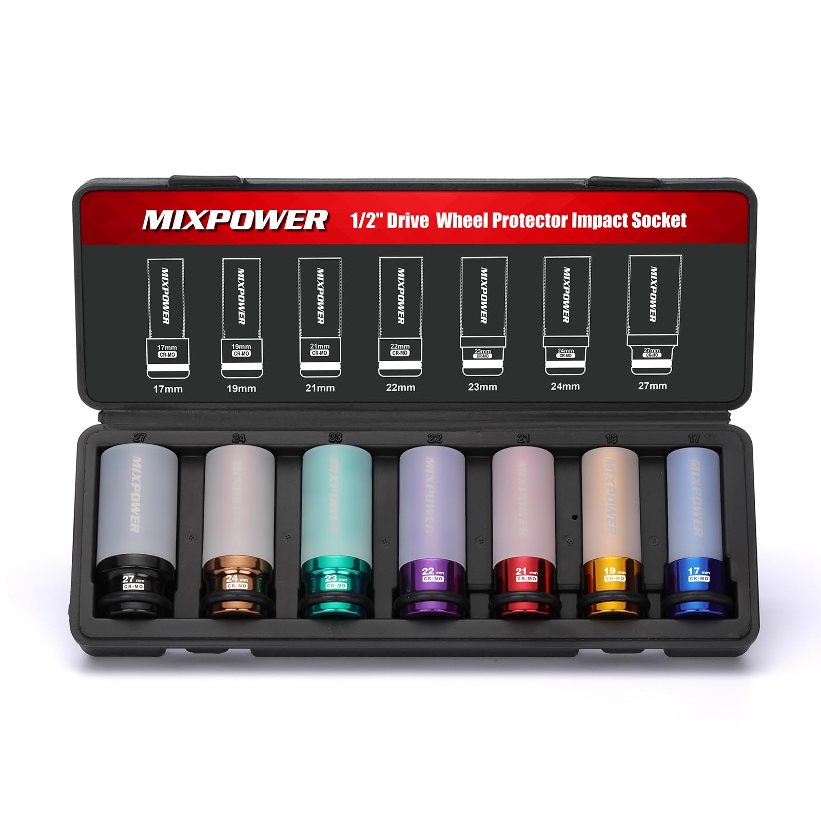 MIXPOWER 7 PCS 1/2" Drive Wheel Protector Impact Socket,Thin Wall Deep Impact Socket Set, 6-Point, Metric, Color-Coded, 17mm, 19mm, 21mm, 22mm, 23mm, 24mm,27mm