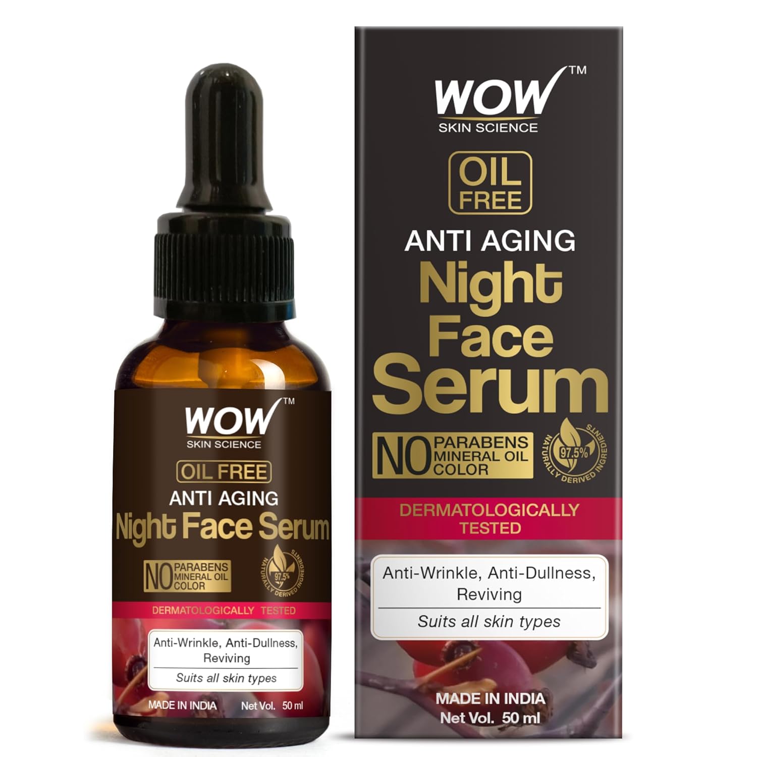 WOW Skin Science Anti Aging Night Face Serum – OIL FREE – Anti Wrinkle, Anti Dullness, Reviving – No Parabens, Silicones & Color – 50mL