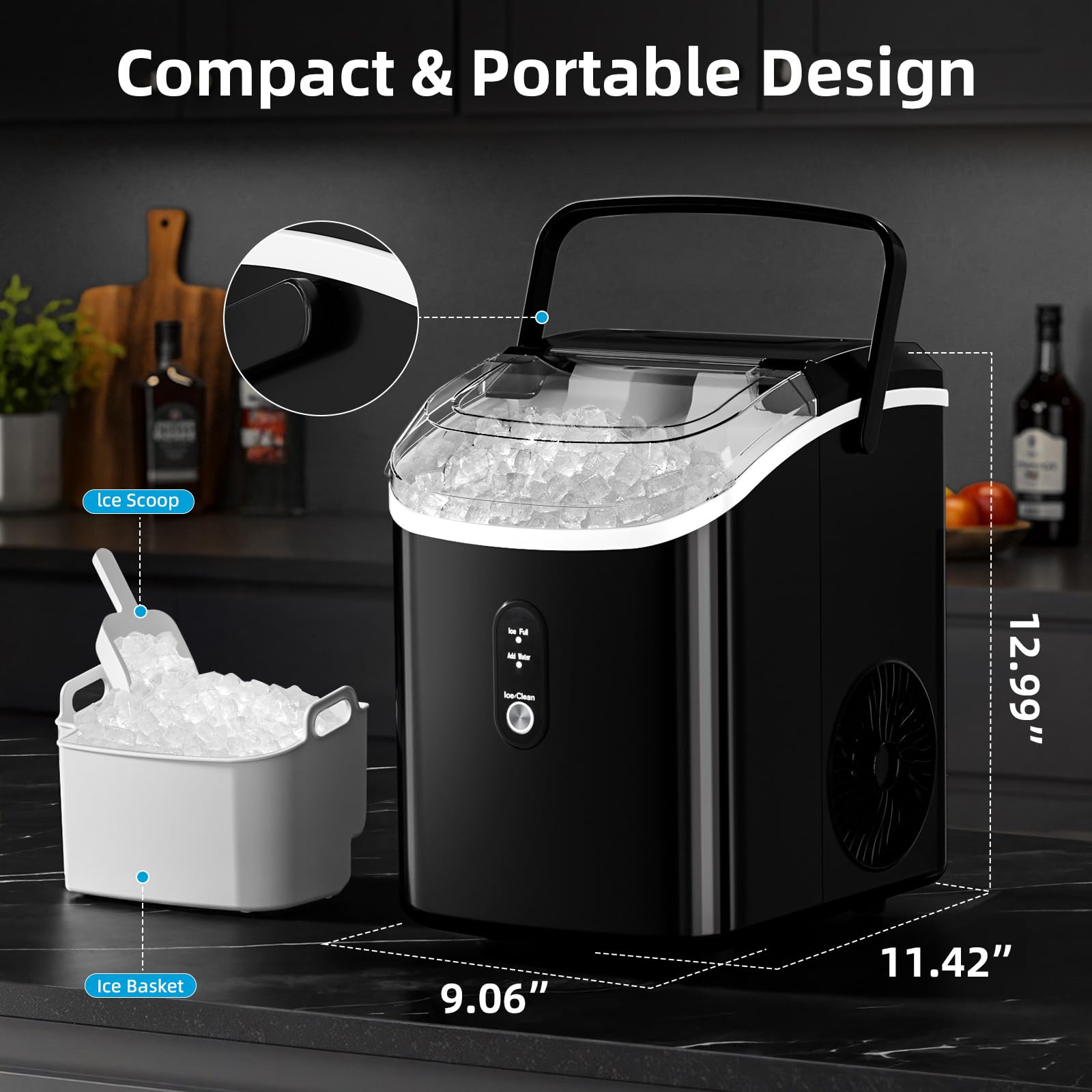Nugget Countertop Ice Maker With Soft Chewable Pellet Ice, Automatic 34lbs/24h,Pebble Portable Ice Machine With Ice Scoop, Self-Cleaning, One-Click Operation, For Kitchen,Office, Bar(Highlight Black) on Fridge.com - View 3