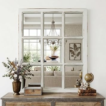 Large Rectangular Window Pane Mirror - 21"x25" Farmhouse Distressed White Wooden Framed Decorative wall Mirrors for Living Room, Dining Room, Entryway, Hallway, Fireplace