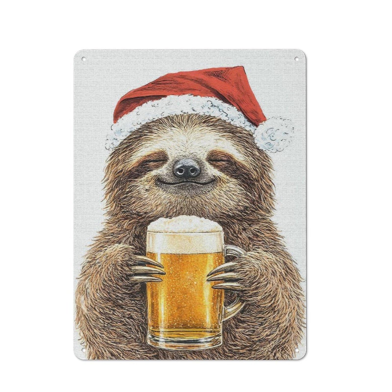 Junmoney Style-16 Retro Metal Plaque 40X30cm Featuring Sloth In Santa Hat With Beer For Workshop Wall, For Metal Sign Collectors, For Garage And Workshop Walls