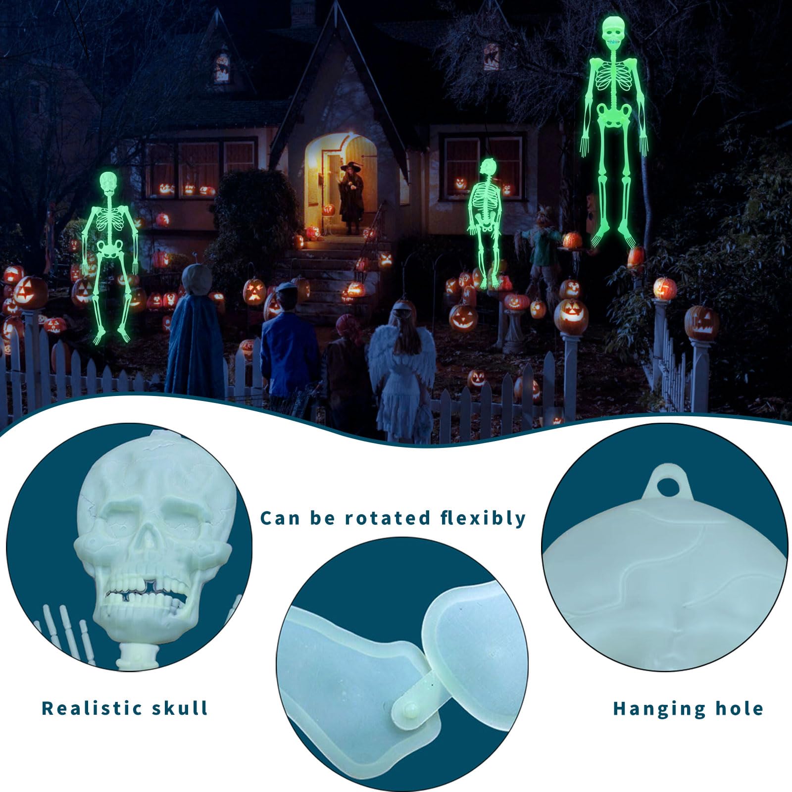 3 Scheletri Fluorescenti Halloween 30 Cm – Decorazioni Glow-in-the-Dark In PVC, Articolazioni 360°, Perfetti Per Feste Horror E Giardino