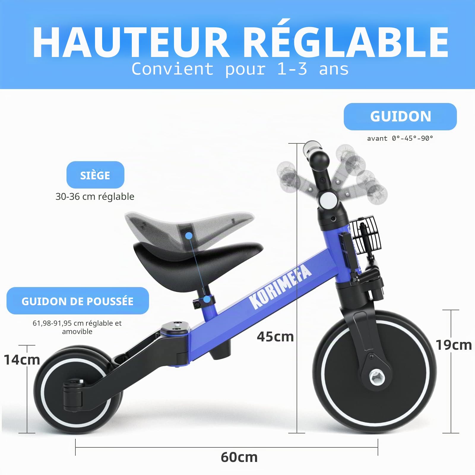 Tricycle 4 En 1 KORIMEFA – Poussette, Vélo, Draisienne – Pour Les Petits De 1 à 3 Ans !