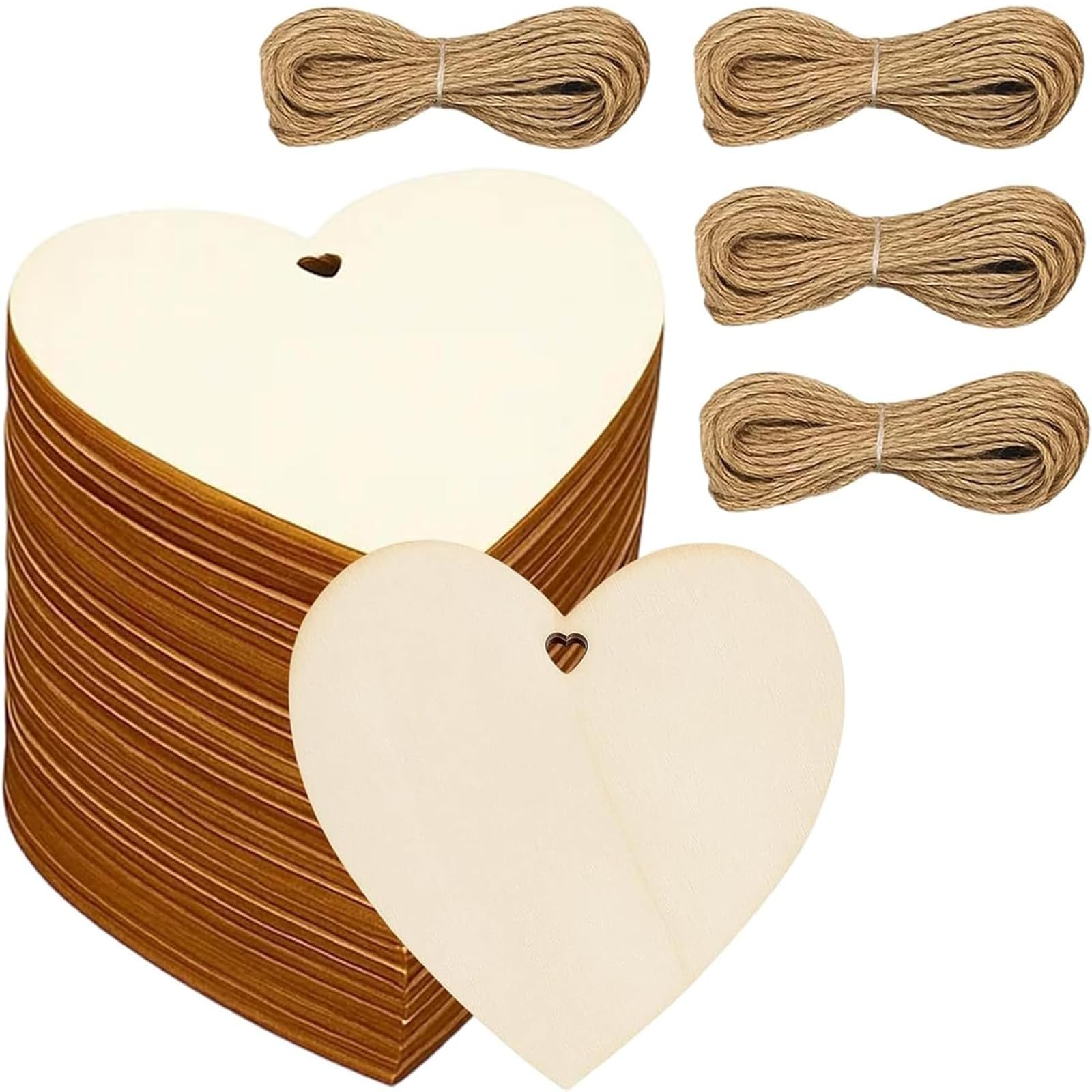 40 PCS of Handmade Woodens Heart Decorations, Wooden Heart and Hemp Rope for Home Decor, Wedding, Party Favors, DIY Projects and Personalized Gifts