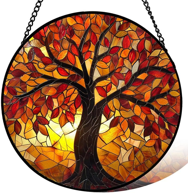 11.8in Stained Glass Window Hanging， Fall Tree of Life Sun Catchers Indoor Window， core Decor Inside and Outside The Cottage， Gifts for Women
