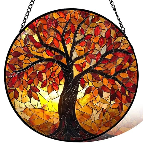 Stained Glass Window Hanging， Fall Tree of Life Sun Catchers Indoor Window， core Decor Inside and Outside The Cottage， Gifts for Women