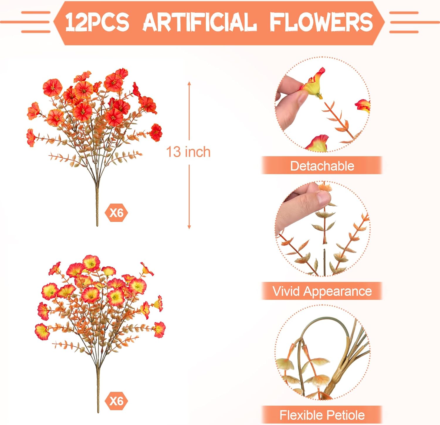 Fake Fall Flowers Artificial for Decoration, 12 Bundles Faux Plants Silk Orange Flowers Morning Glory Petunias Realistic UV Resistant for Outdoors Planter Porch Patio Window Box, Sunset - Image 3