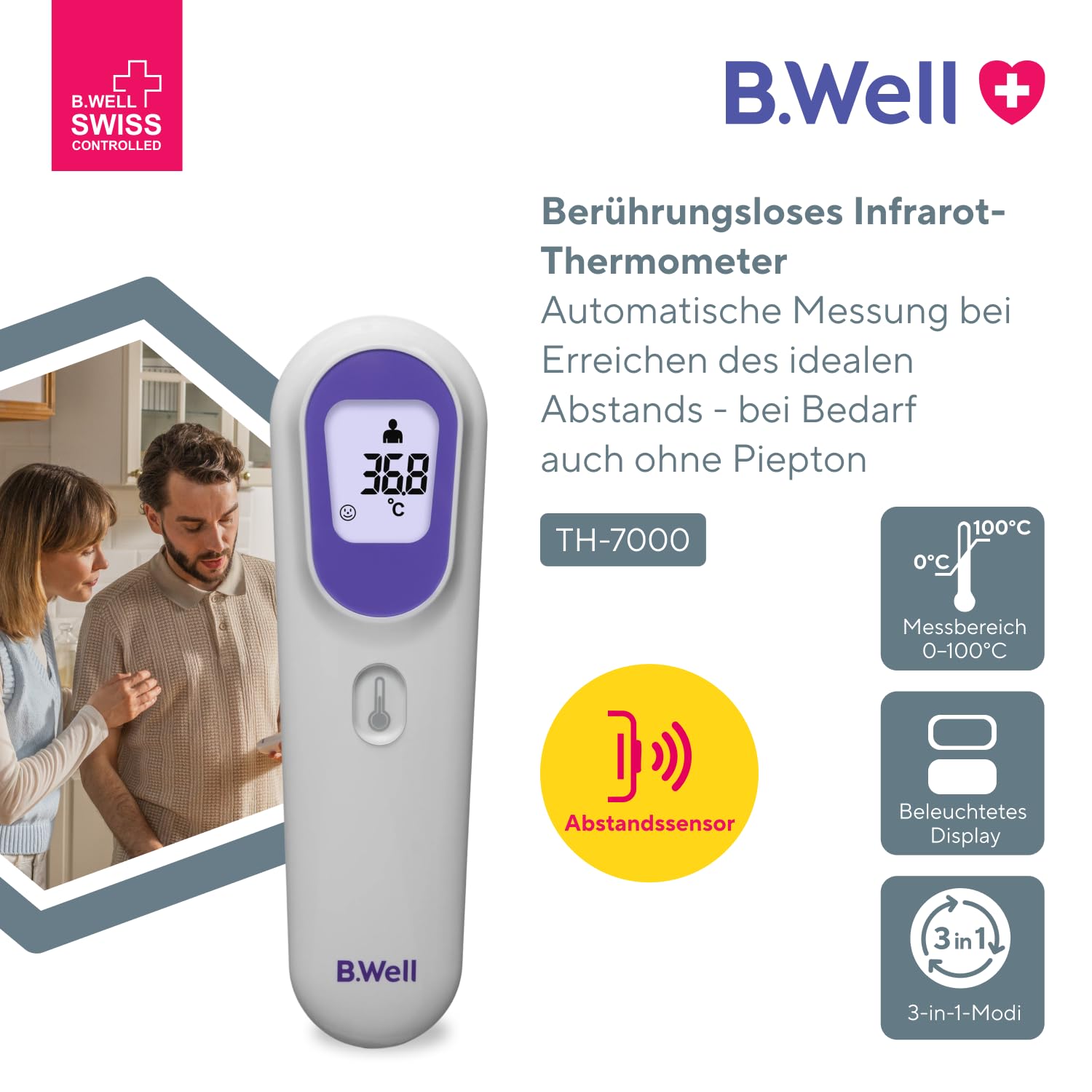 B.Well Swiss Kontaktloses Infrarot-Thermometer TH-7000, 3in1-Temperaturmessgerät für den Körper, Wasser, Luft und Oberflächen von 0-100 °C, Mit Abstandssensor und Nachtmodus, Schweizer Qualität
