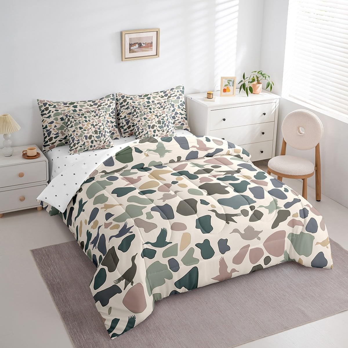 Erosebridal Duck Hunter 7 Pieces Bedding Set Vintage Wild Mallard Duck Queen Comforter Set with Sheets for Boys Girls Kids Room Decor Army Camouflage Rustic Hunting Bed in A Bag Bed Set,Cream Green - Image 4