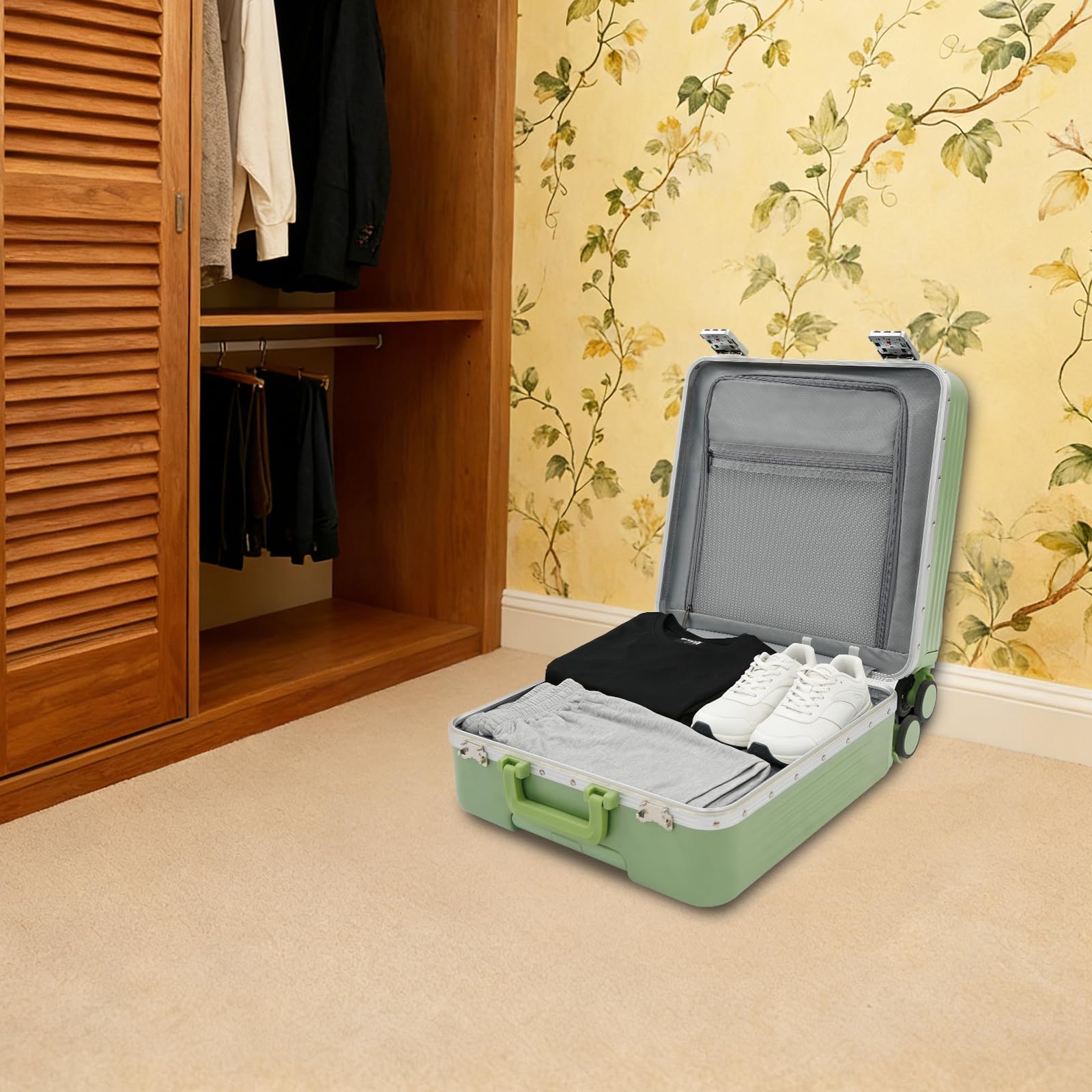 Valigia da viaggio, ultraleggera, 40 x 23 x 45 cm, apertura frontale, verde chiaro, Moderno | Bagaglio da viaggio da 45,7 cm con porta di ricarica USB, asta telescopica a 3 livelli per viaggi lunghi e brevi