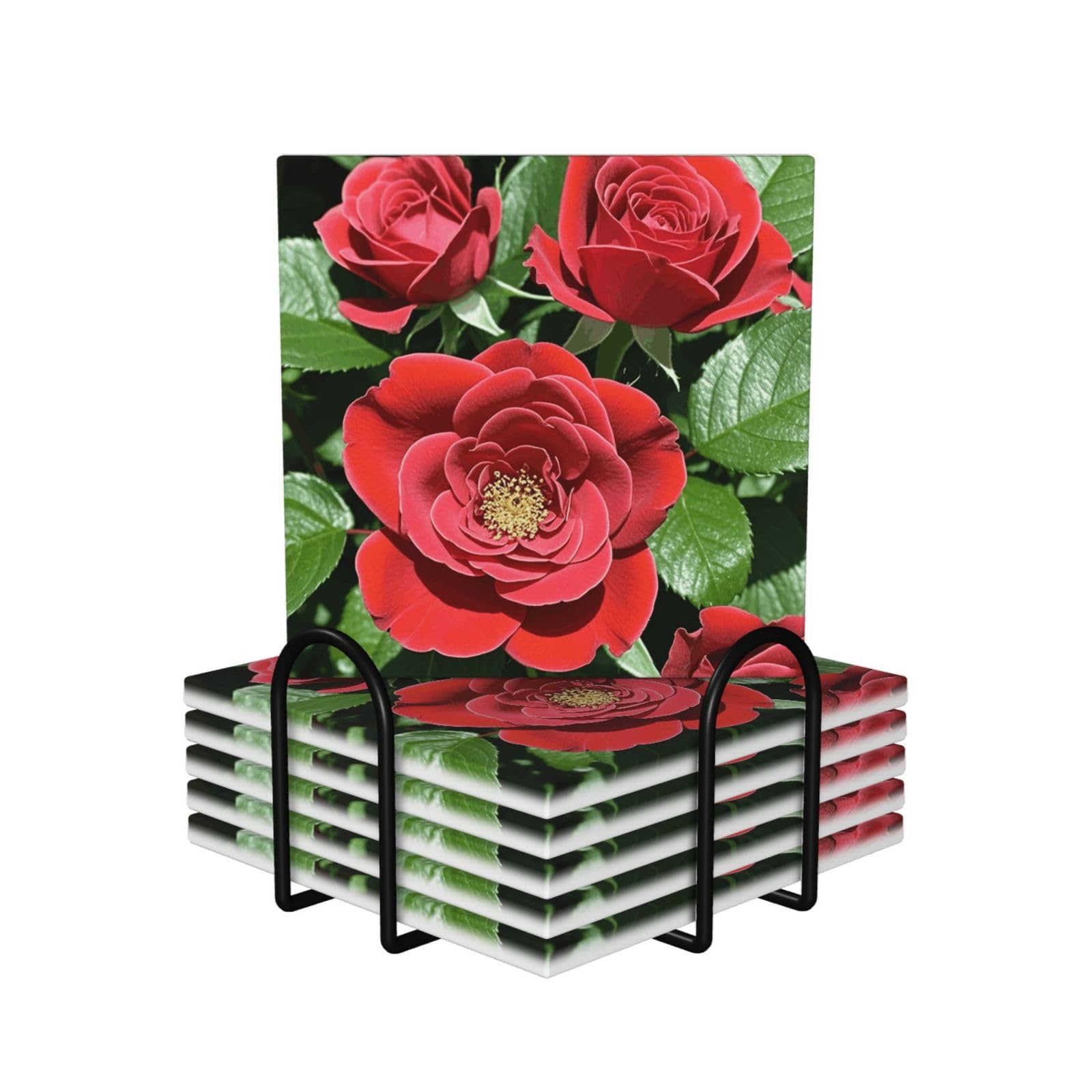 Sous-verres céramique absorbants lot de 6 avec base liège et motif rose