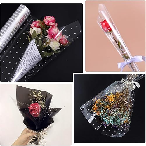 Miniatura 6 de NUOBESTY Rollo de envoltura de celofán con patrón de puntos blancos transparentes para floristería, envoltorios de regalo, papel de embalaje para