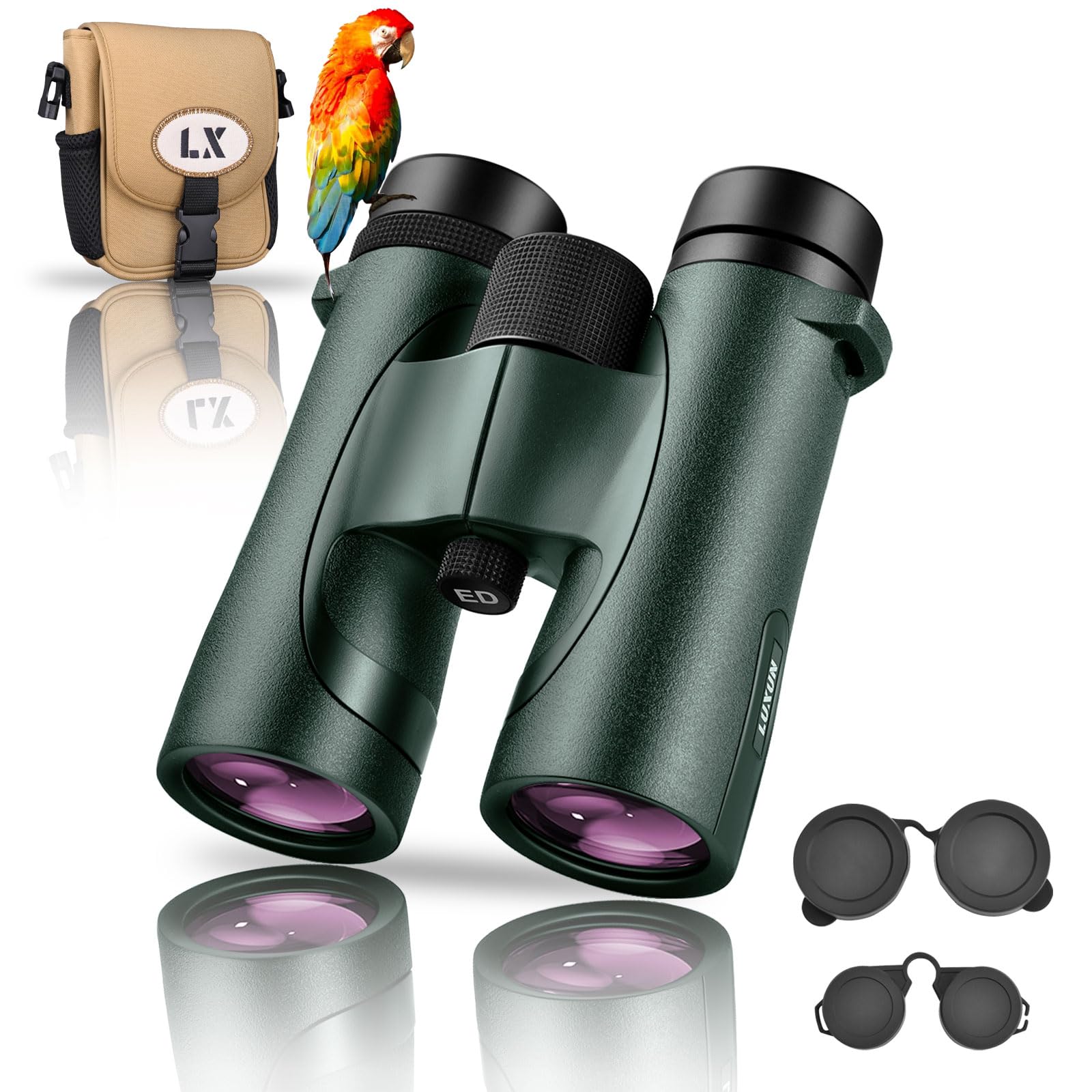 LUXUN Jumelles 10x42, Jumelles en Verre Ed pour Adultes, Prisme BAK4 IPX7 étanche et antibuée pour la Chasse, l'observation des Oiseaux et l'extérieur avec Harnais de Jumelles (Vert)