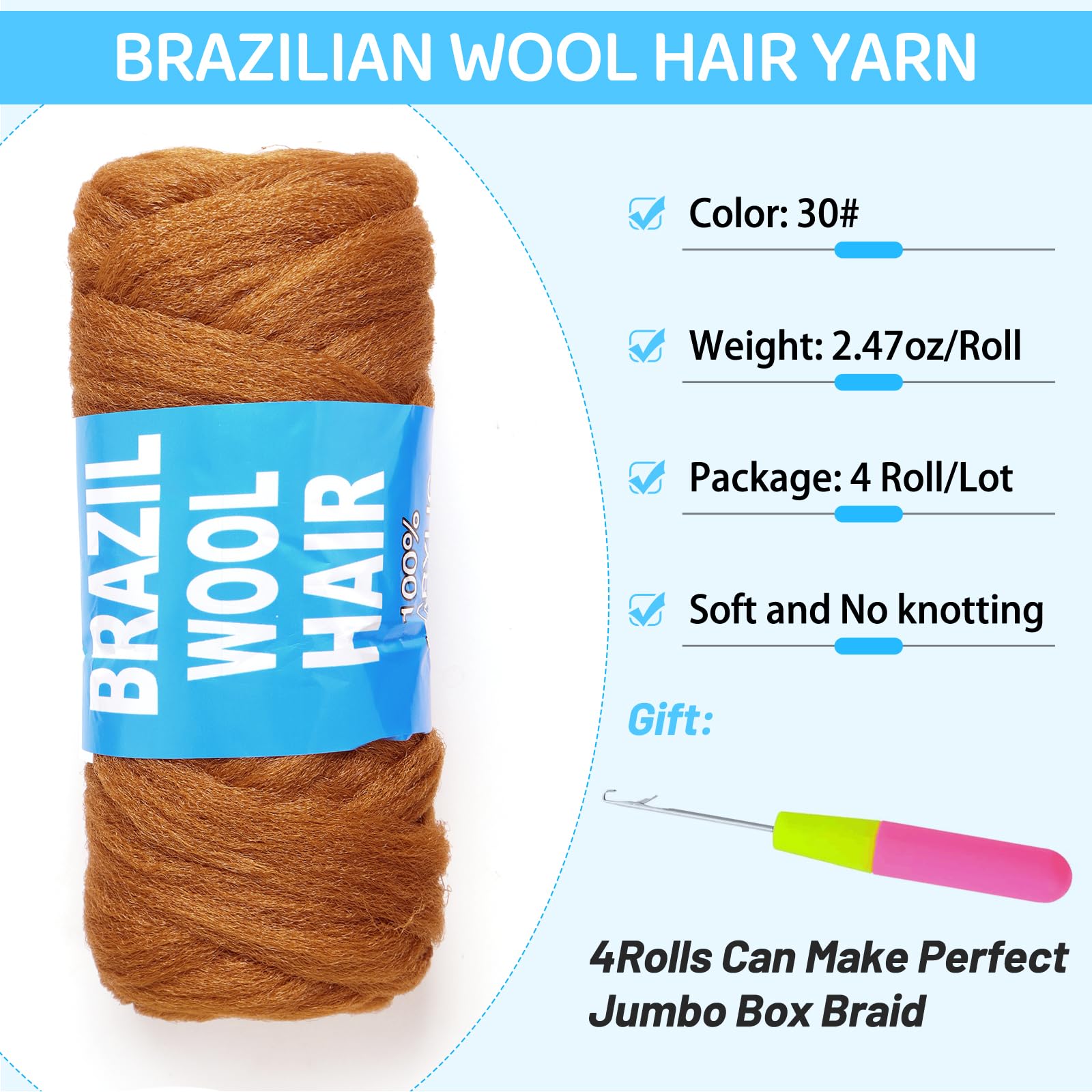 Ainimiu 4 Roll Brazilian Wool Hair for Braiding Faux Locs Crochet for Women Synthetic Braiding Hair Extensions - Image 2