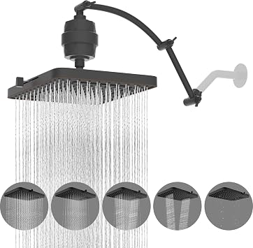 Hibbent Rain Filtered Shower Head, 13 High Pressure Rainfall 5 Modes Showerhead with 16" Shower Head Extension Arm, Brass Adjustable Shower Arm Extender, 20 Stage Shower Filter, Oil Rubbed Bronze