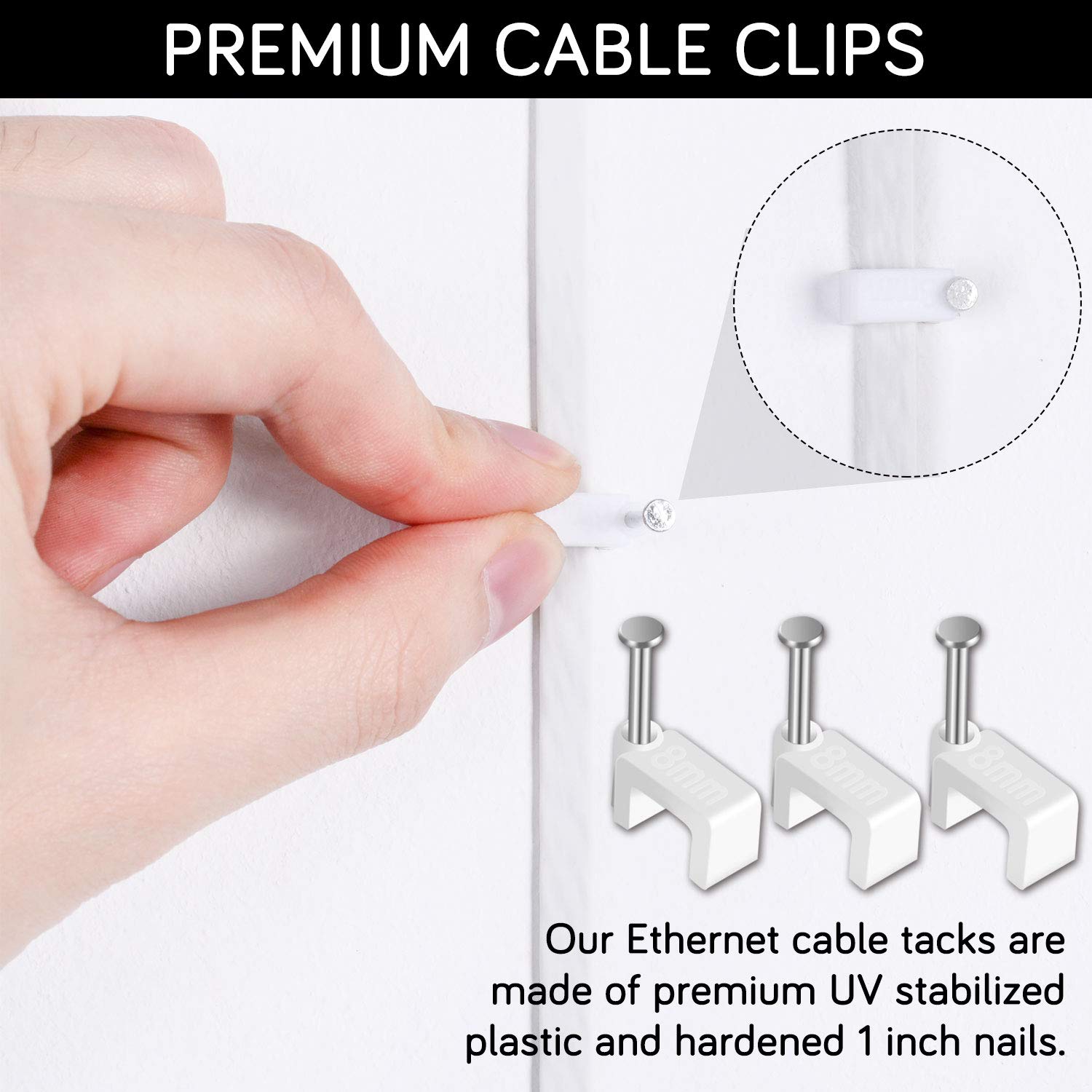 Cable Clips - CableGeeker 100 Pieces Ethernet Cable Clips with Nails 8mm Cord Holder for Cat6 Cat7 Flat Ethernet Cable (White)