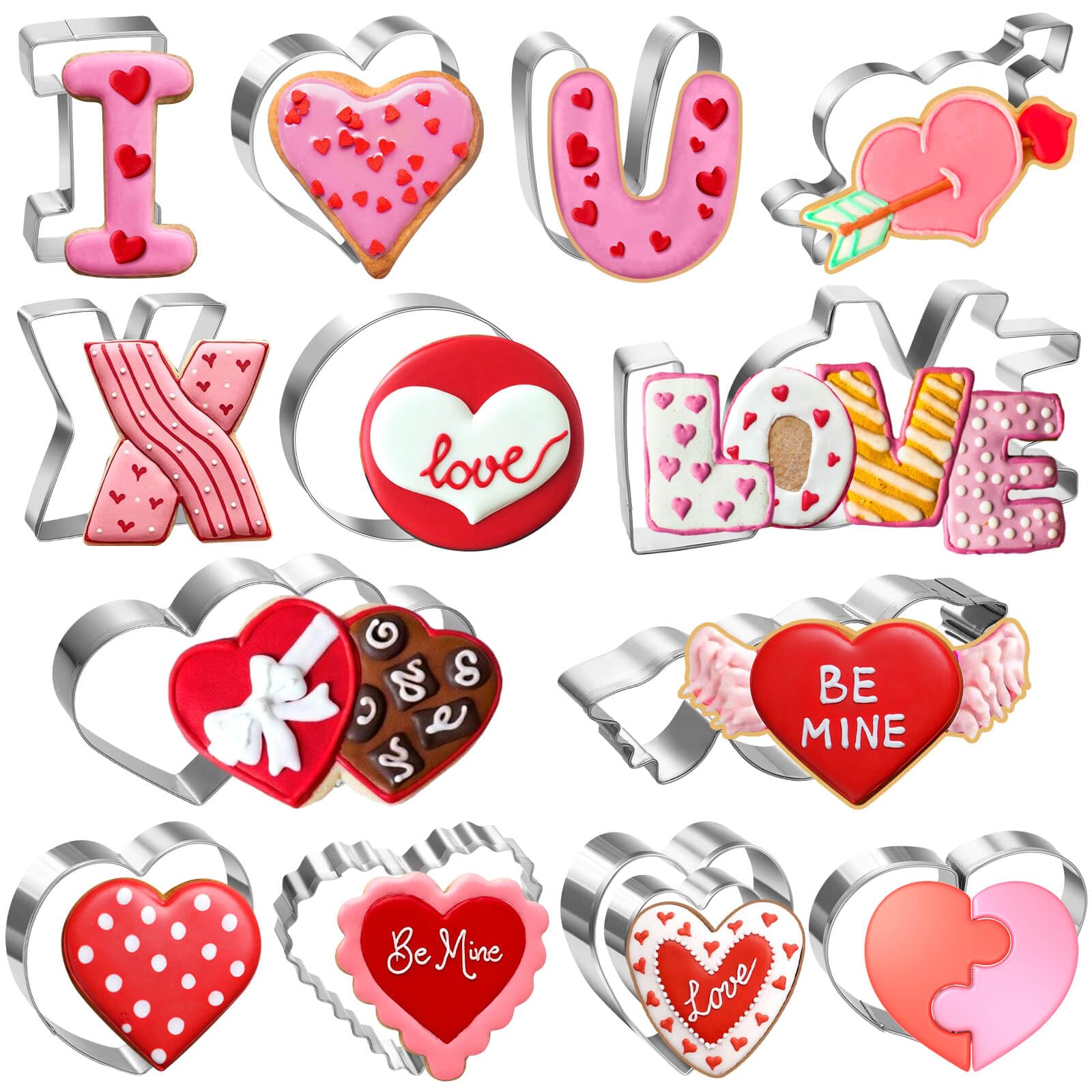 Lezmarket Juego de 15 cortadores de galletas para el día de San Valentín, cortadores de galletas de acero inoxidable para boda, fiesta de aniversario de San Valentín, multiforma, corazón, amor, I, X,