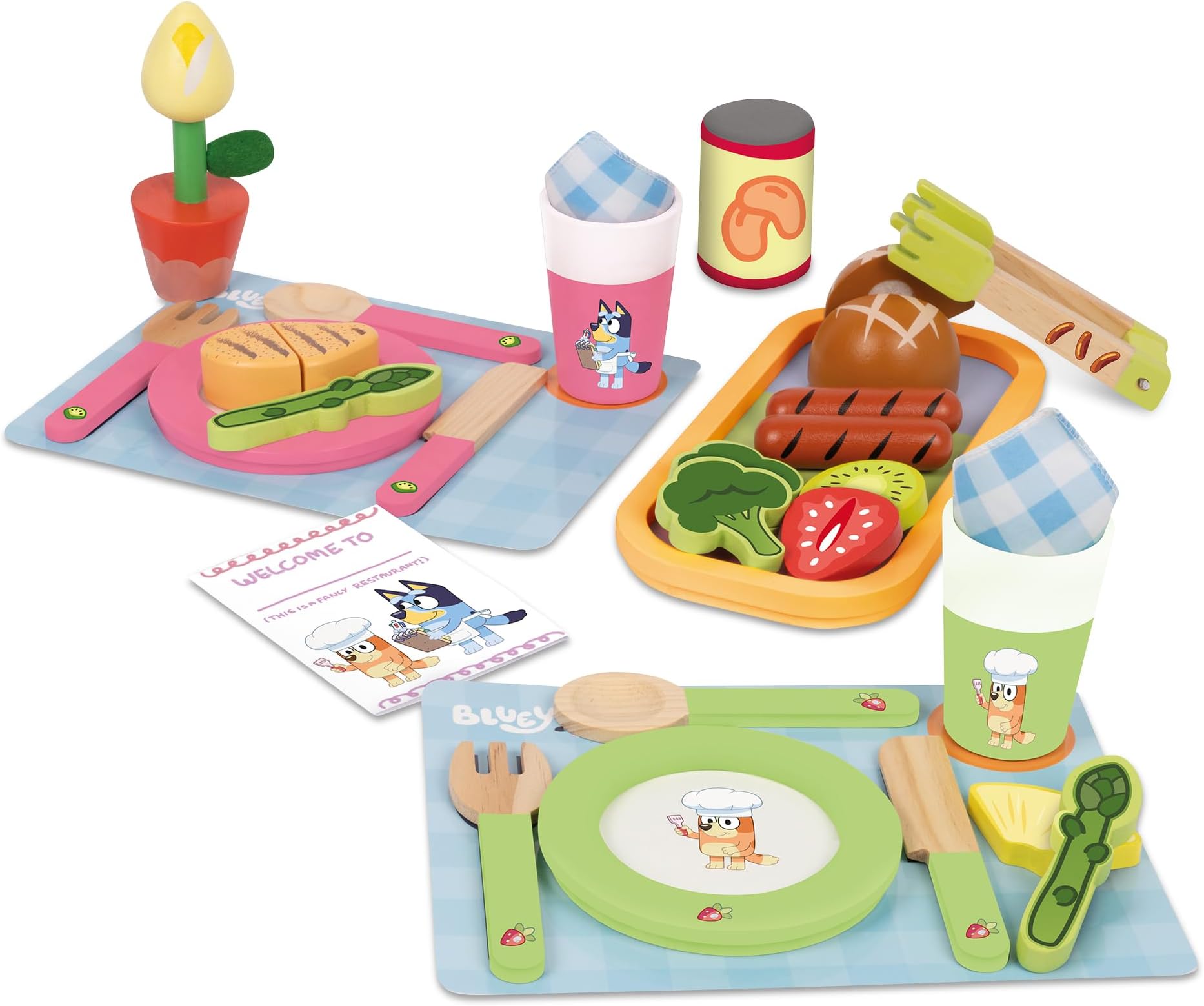 Bluey Toy Fruits and Vegetables for Toddlers, 32-Piece Pretend Food with Plates, Utensils, Baby Play Food & Wooden Toy Fun