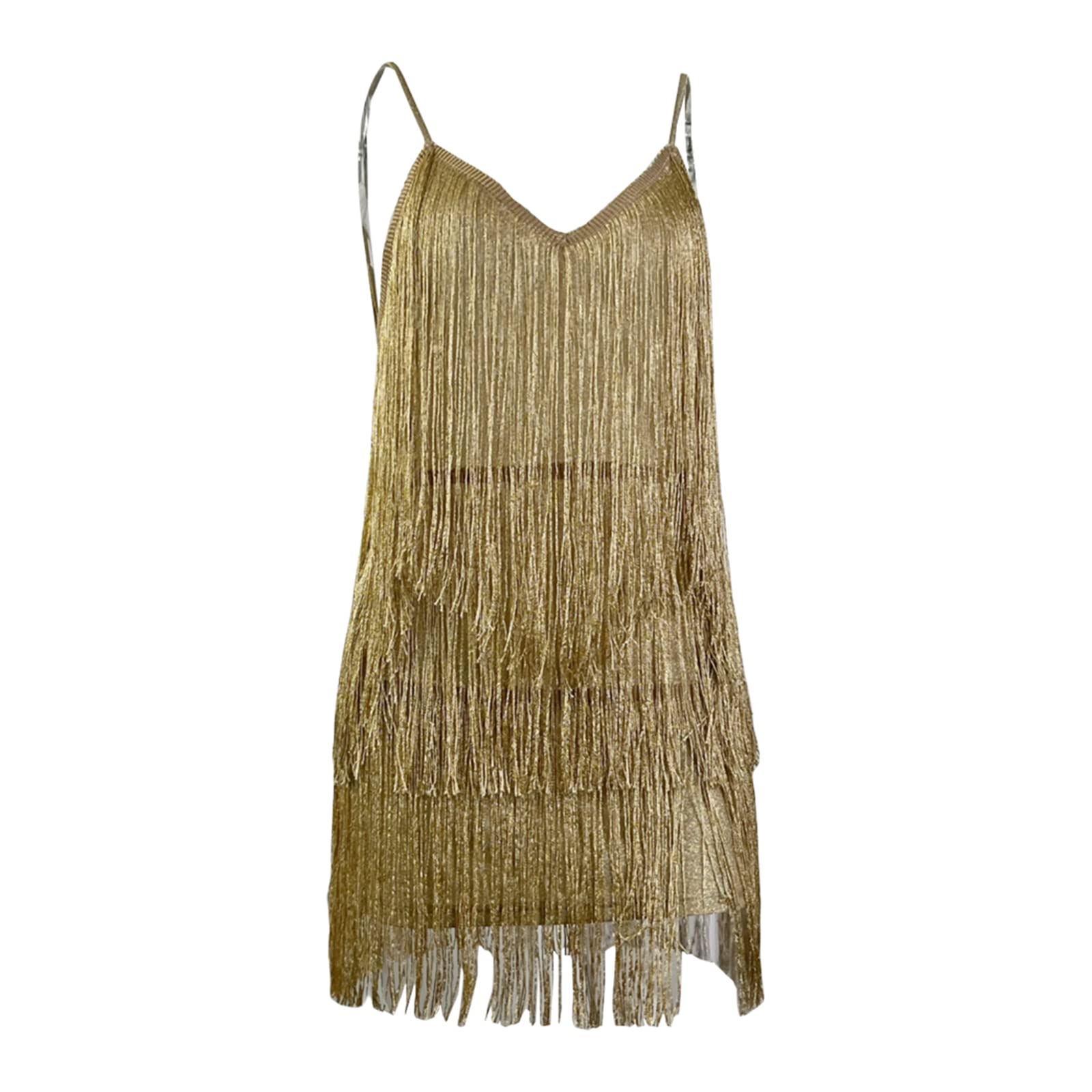 Feclmiyt Women Sleeveless Evening Dress Sexy V-Neck Backless Sparkly Sequin Tassel Mini Dress Cocktail Wedding Party Dresses (A-Gold, S)