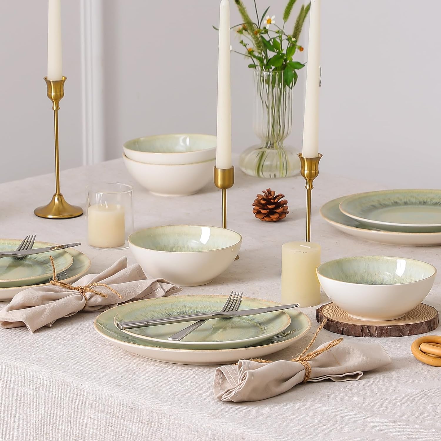 DOMICREVERY Ceramic Dinnerware Sets for 4, 12 Pieces Plates and Bowls Sets, Moss Green